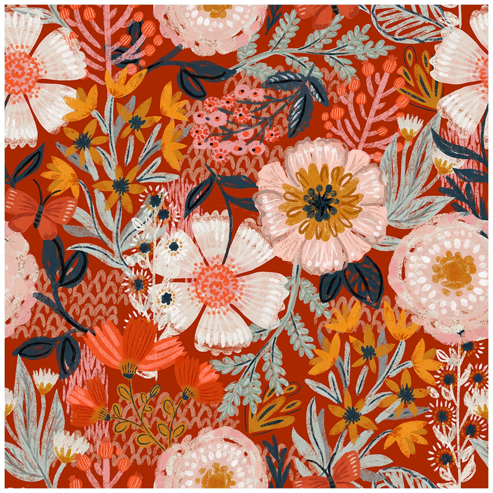 HaokHome Wallpaper Peel and Stick Botanical Floral Red/Orange/Pink Vintage Wall Decor Removable Mural for Bedroom & Living Room