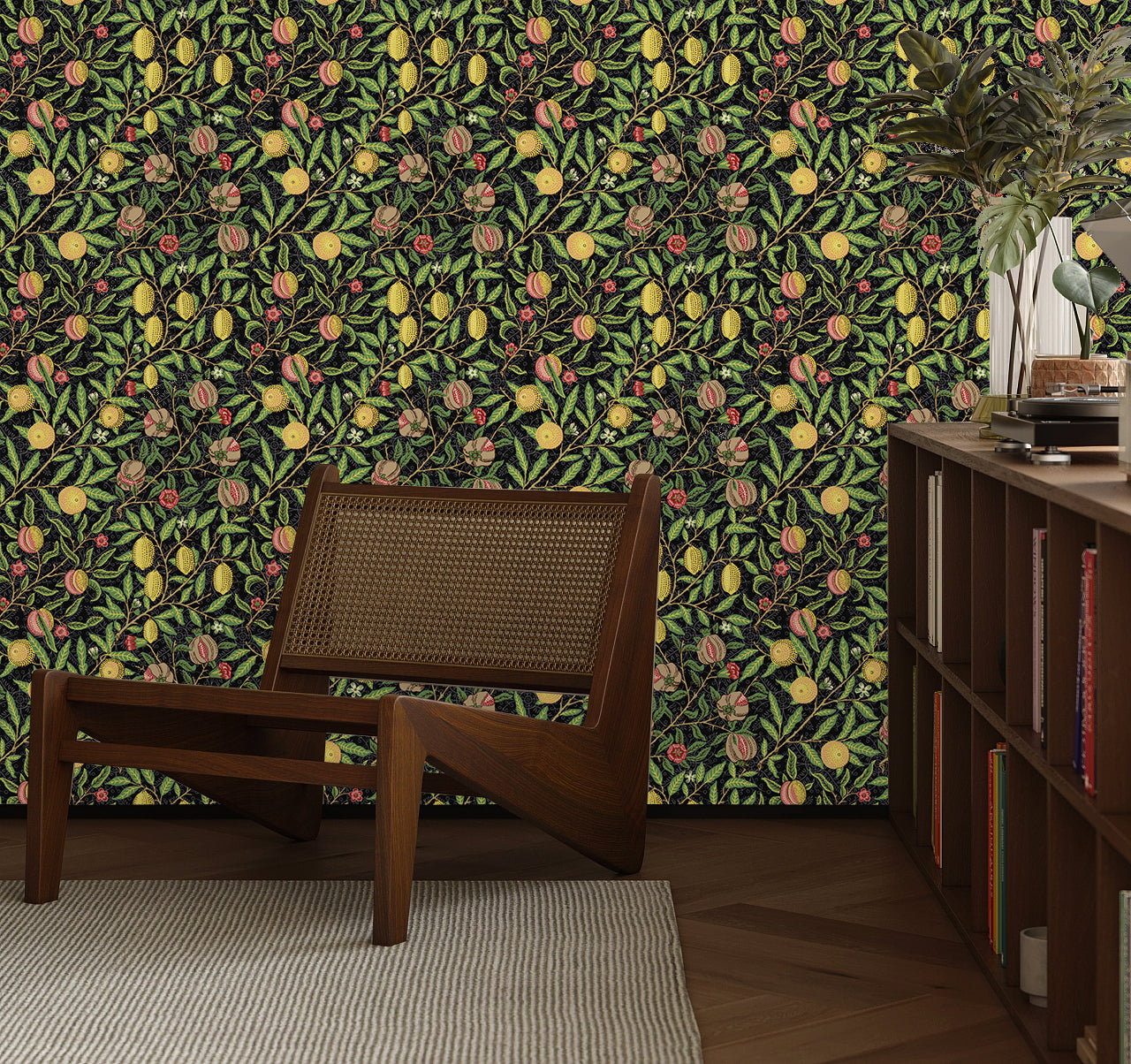 HaokHome Wallpaper Peel and Stick Botanical Lemon Pomegranate Black/Green/Yellow Vintage Fruit Wall Decor Removable Mural