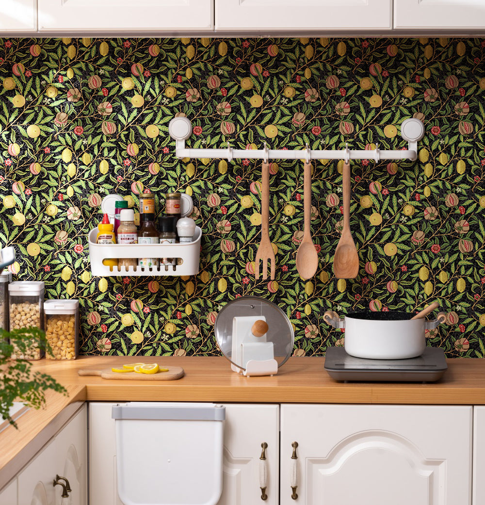 HaokHome Wallpaper Peel and Stick Botanical Lemon Pomegranate Black/Green/Yellow Vintage Fruit Wall Decor Removable Mural