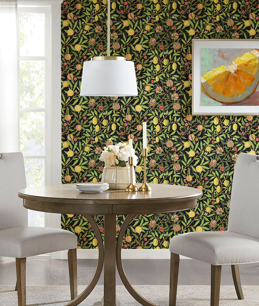 HaokHome Wallpaper Peel and Stick Botanical Lemon Pomegranate Black/Green/Yellow Vintage Fruit Wall Decor Removable Mural