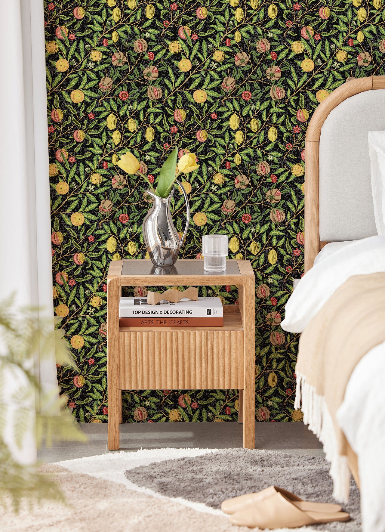 HaokHome Wallpaper Peel and Stick Botanical Lemon Pomegranate Black/Green/Yellow Vintage Fruit Wall Decor Removable Mural