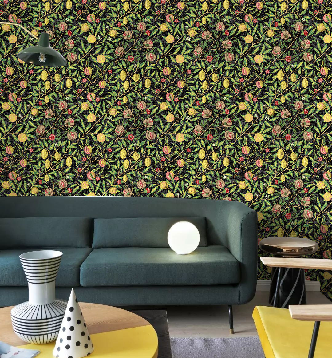 HaokHome Wallpaper Peel and Stick Botanical Lemon Pomegranate Black/Green/Yellow Vintage Fruit Wall Decor Removable Mural