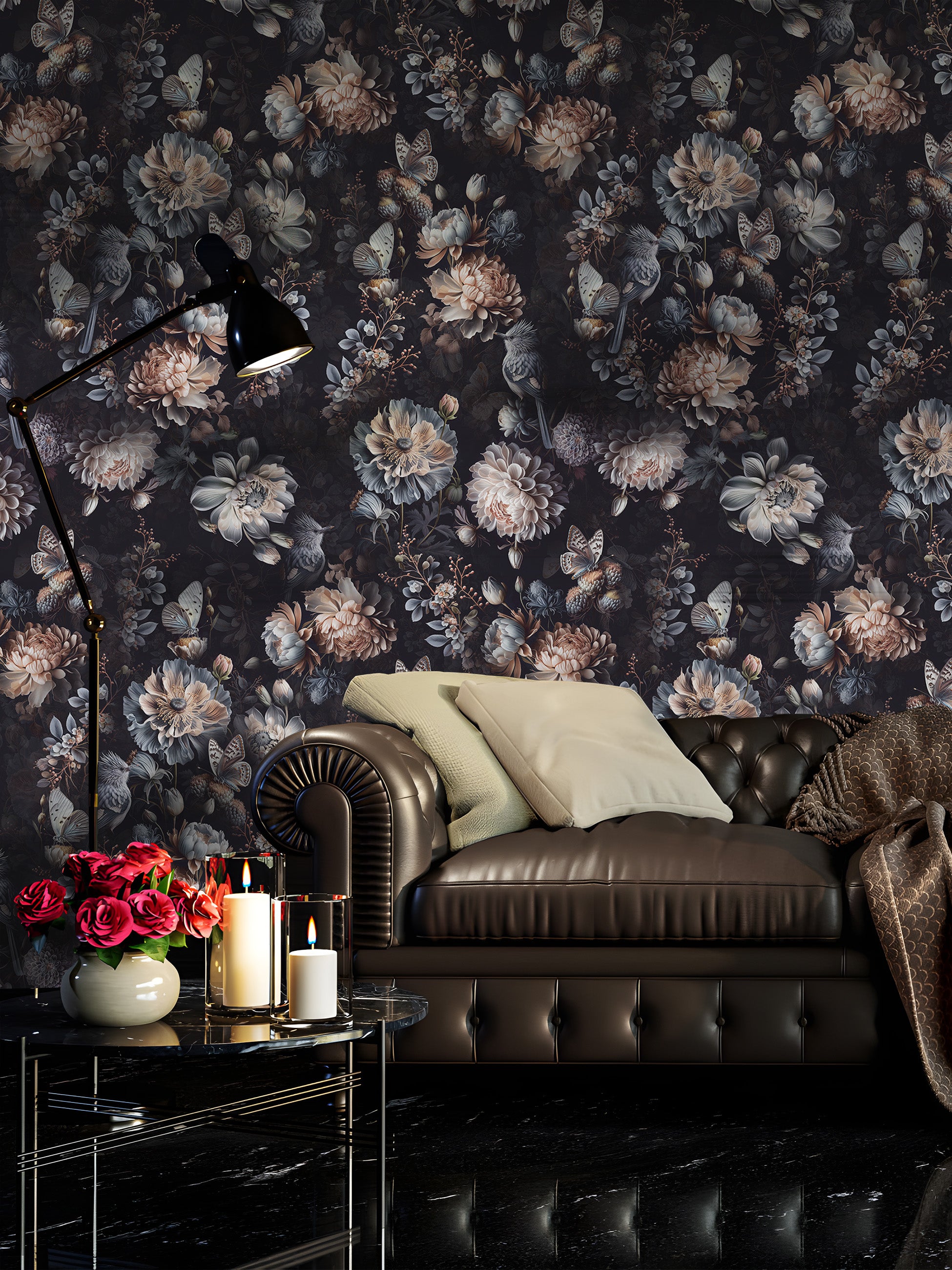 HaokHome Wallpaper Peel and Stick Botanical Luxury Floral Black/Beige/Blue Wall Decor Removable Mural for Bedroom & Living Room