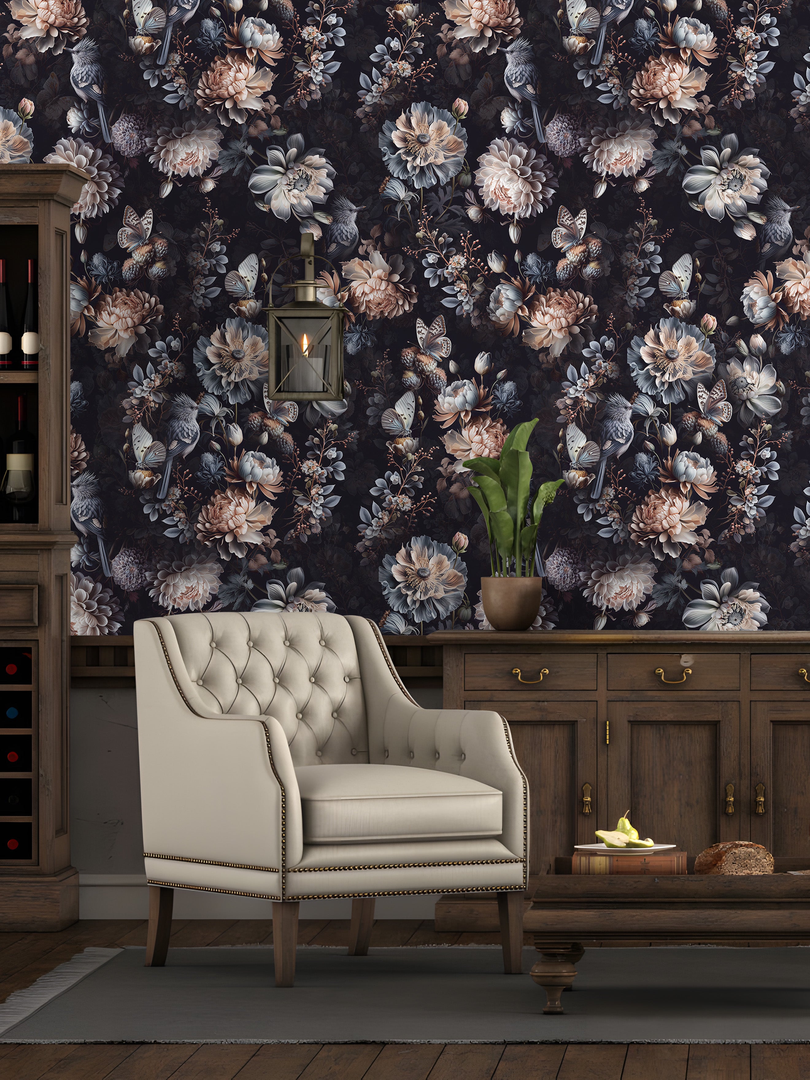 HaokHome Wallpaper Peel and Stick Botanical Luxury Floral Black/Beige/Blue Wall Decor Removable Mural for Bedroom & Living Room