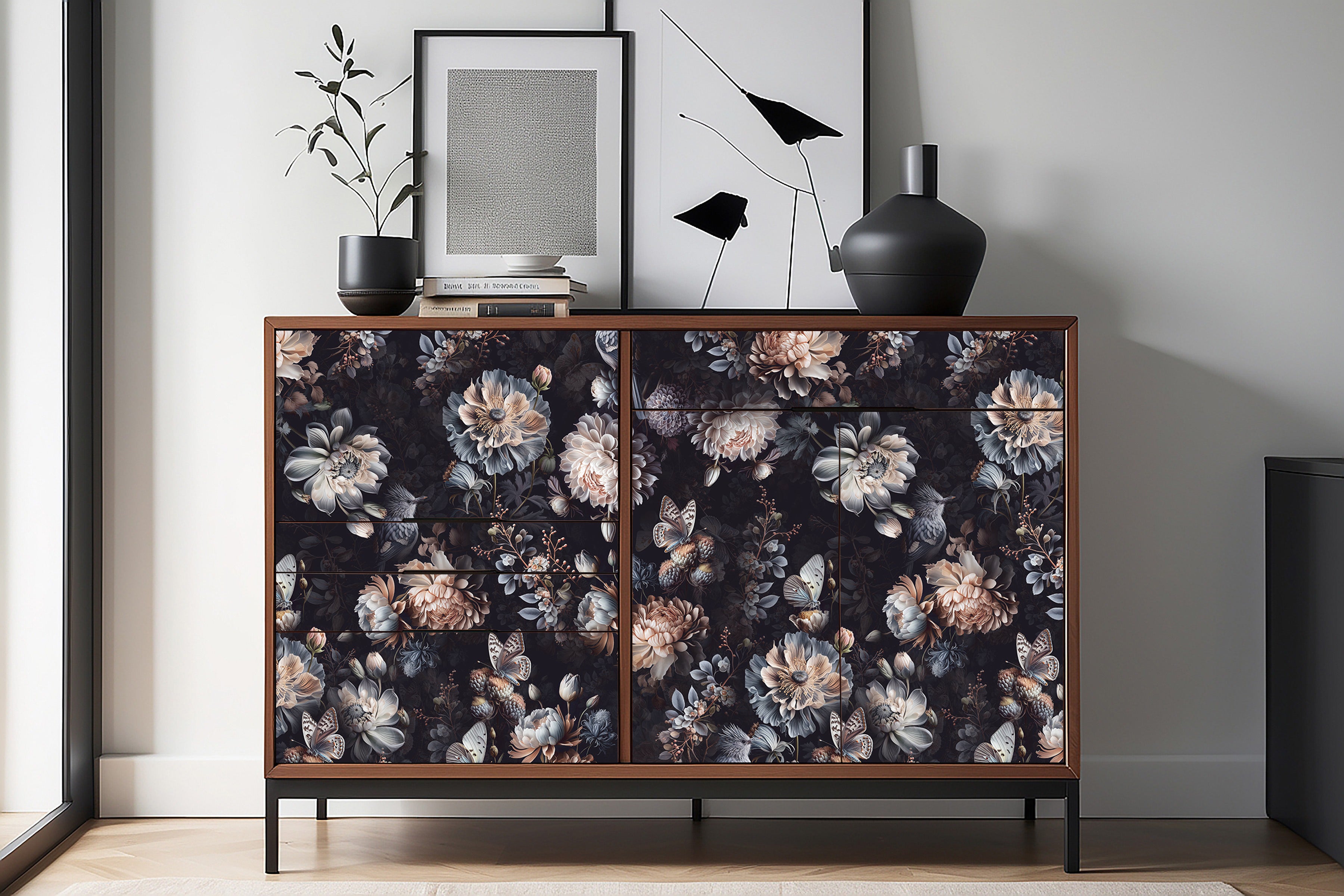 HaokHome Wallpaper Peel and Stick Botanical Luxury Floral Black/Beige/Blue Wall Decor Removable Mural for Bedroom & Living Room