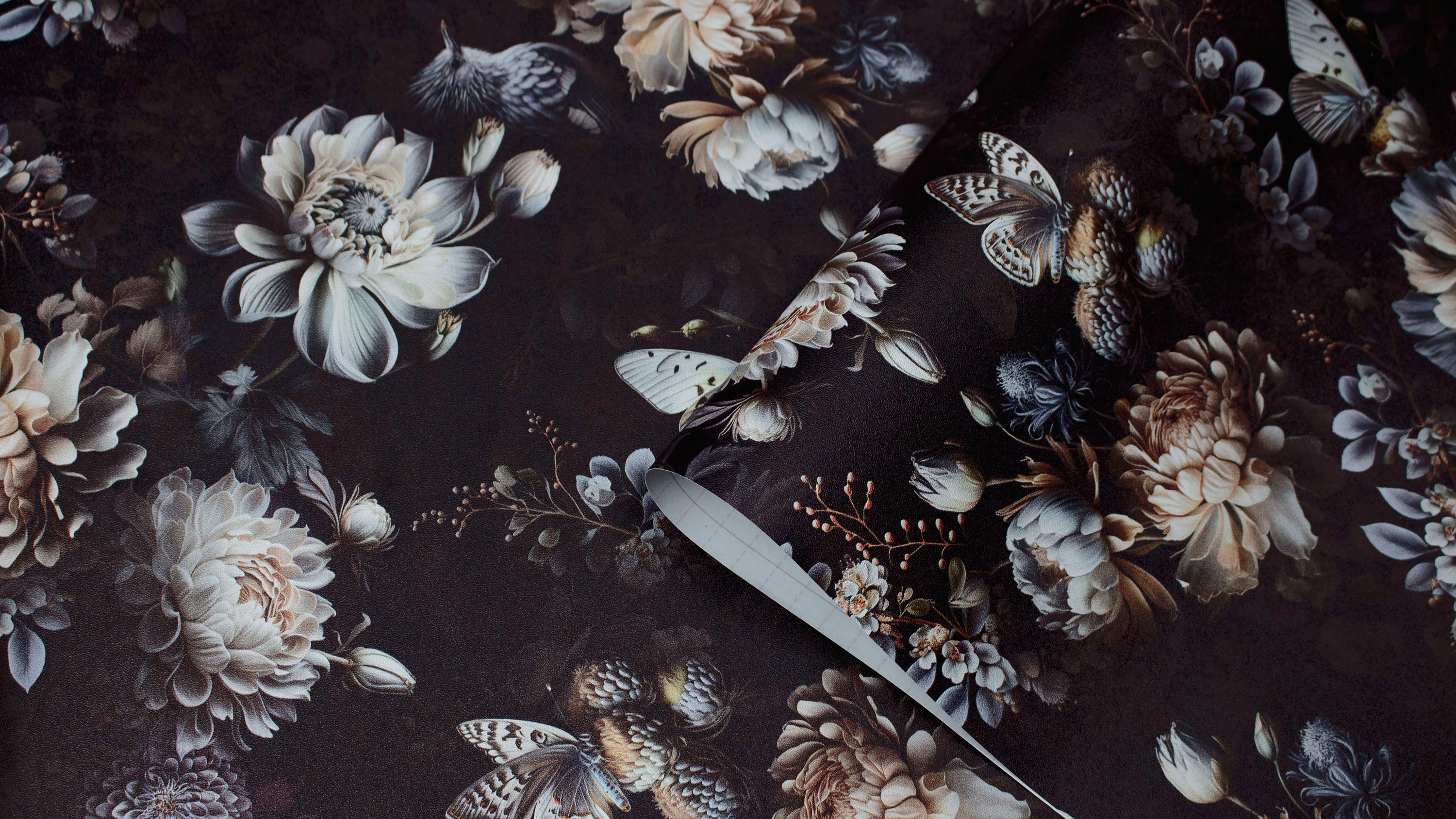 HaokHome Wallpaper Peel and Stick Botanical Luxury Floral Black/Beige/Blue Wall Decor Removable Mural for Bedroom & Living Room