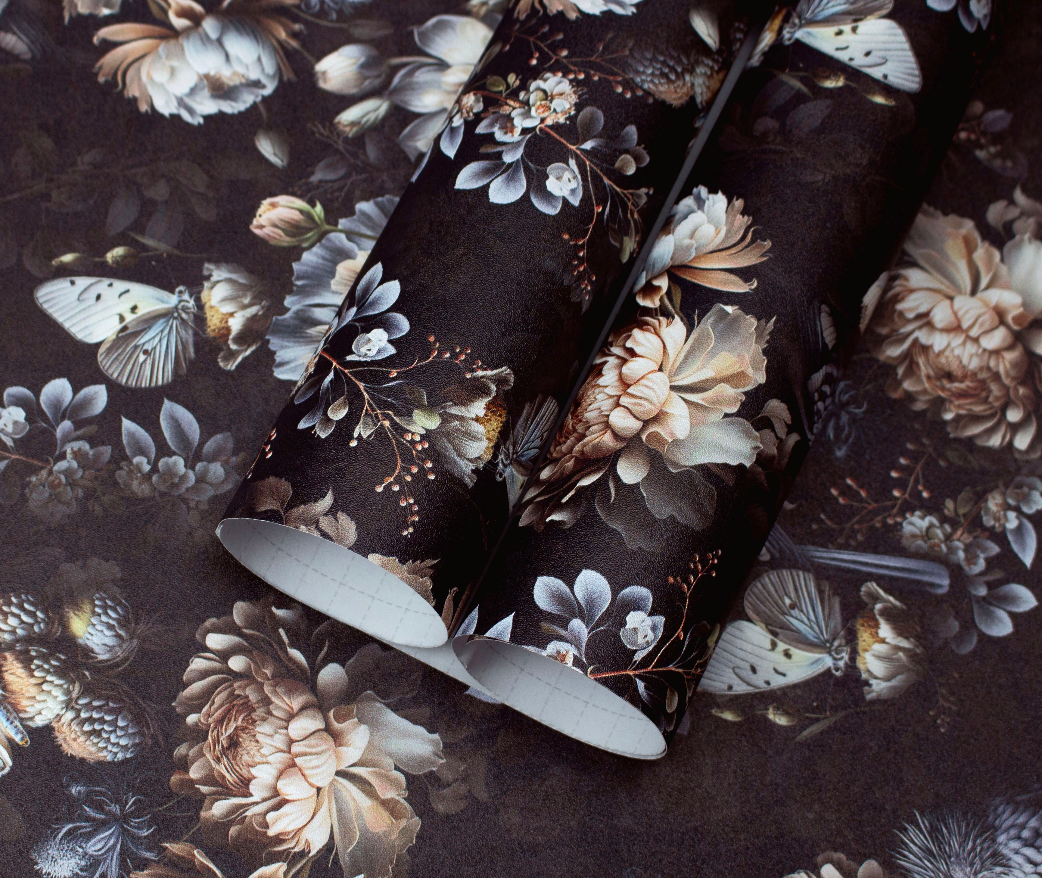 HaokHome Wallpaper Peel and Stick Botanical Luxury Floral Black/Beige/Blue Wall Decor Removable Mural for Bedroom & Living Room