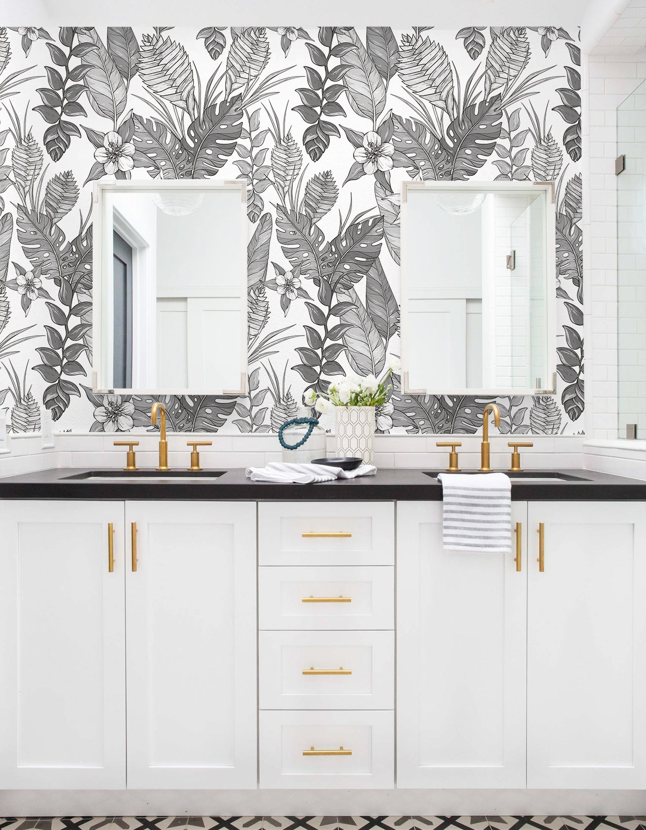 HaokHome Wallpaper Peel and Stick Botanical Tropical Black/White Monochrome Wall Decor Removable Mural for Bedroom & Living Room