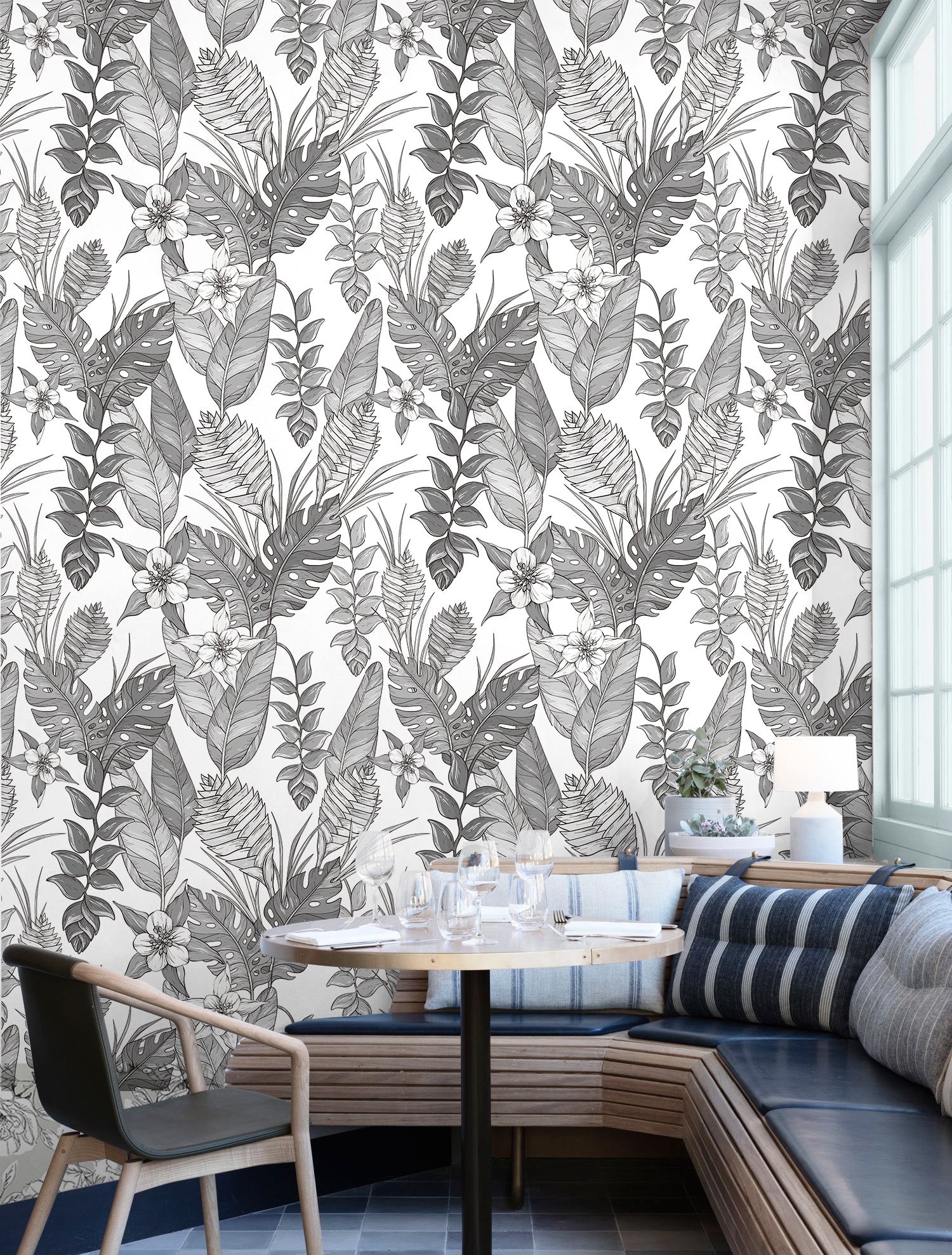 HaokHome Wallpaper Peel and Stick Botanical Tropical Black/White Monochrome Wall Decor Removable Mural for Bedroom & Living Room
