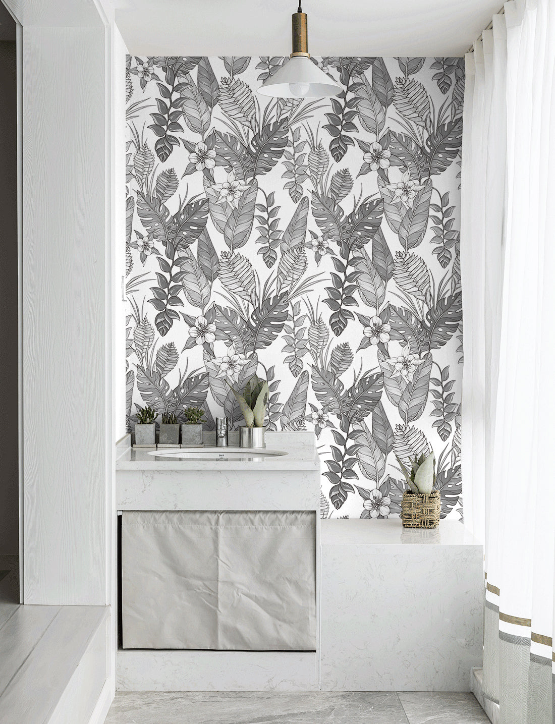 HaokHome Wallpaper Peel and Stick Botanical Tropical Black/White Monochrome Wall Decor Removable Mural for Bedroom & Living Room