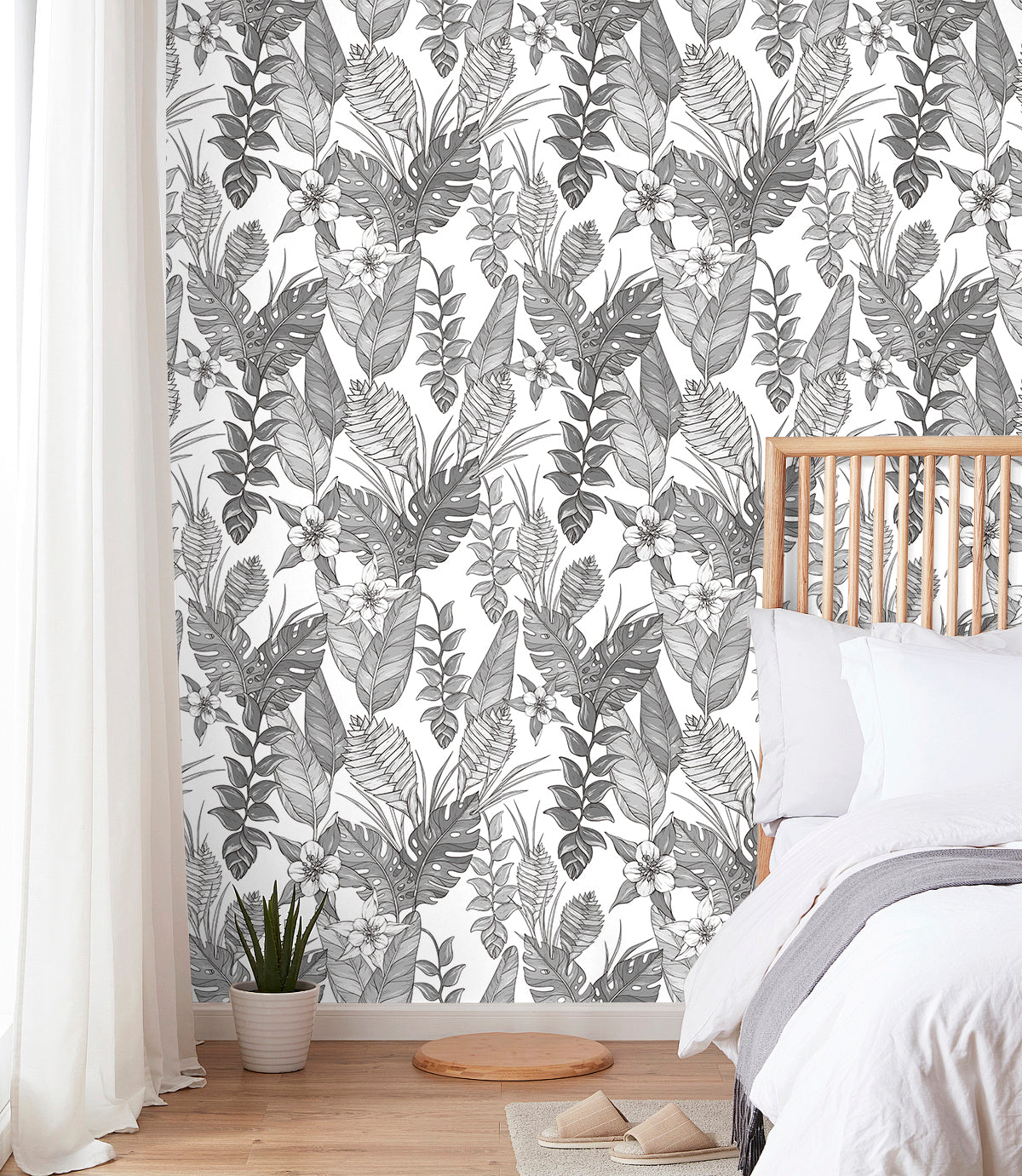 HaokHome Wallpaper Peel and Stick Botanical Tropical Black/White Monochrome Wall Decor Removable Mural for Bedroom & Living Room