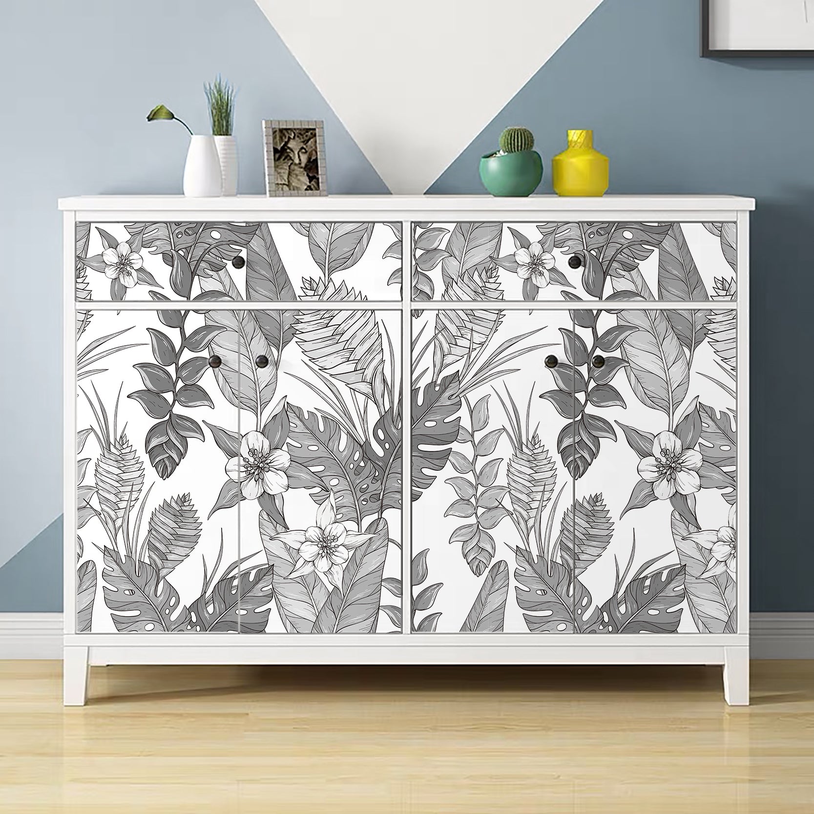 HaokHome Wallpaper Peel and Stick Botanical Tropical Black/White Monochrome Wall Decor Removable Mural for Bedroom & Living Room