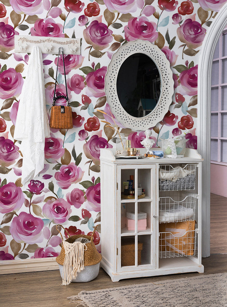 HaokHome Wallpaper Peel and Stick Botanical Watercolor Roses Pink/Red/Green Wall Decor Removable Mural for Bedroom & Living Room