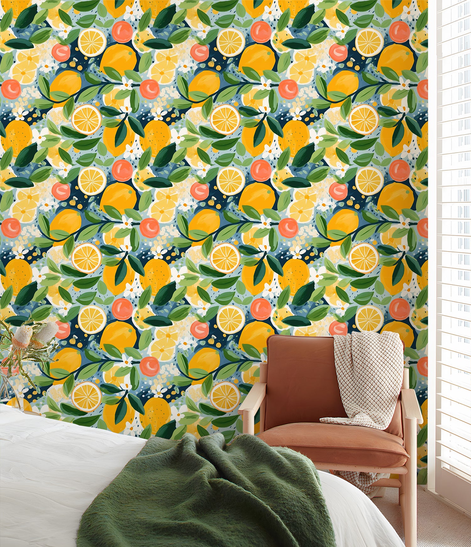 HaokHome Wallpaper Peel and Stick Citrus Fruits and Leaves Wall Decor in Yellow, Orange & Green Removable Mural