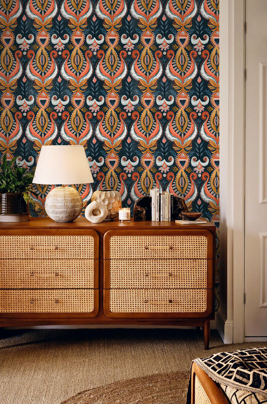 HaokHome Wallpaper Peel and Stick Damask Boho Vintage Orange/Blue/Gold Wall Decor Removable Mural for Bedroom & Living Room