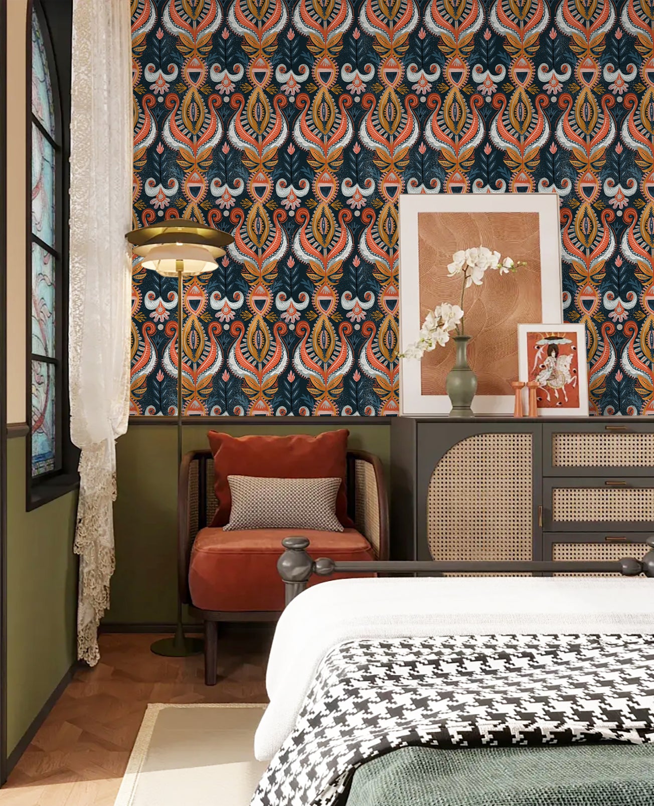 HaokHome Wallpaper Peel and Stick Damask Boho Vintage Orange/Blue/Gold Wall Decor Removable Mural for Bedroom & Living Room