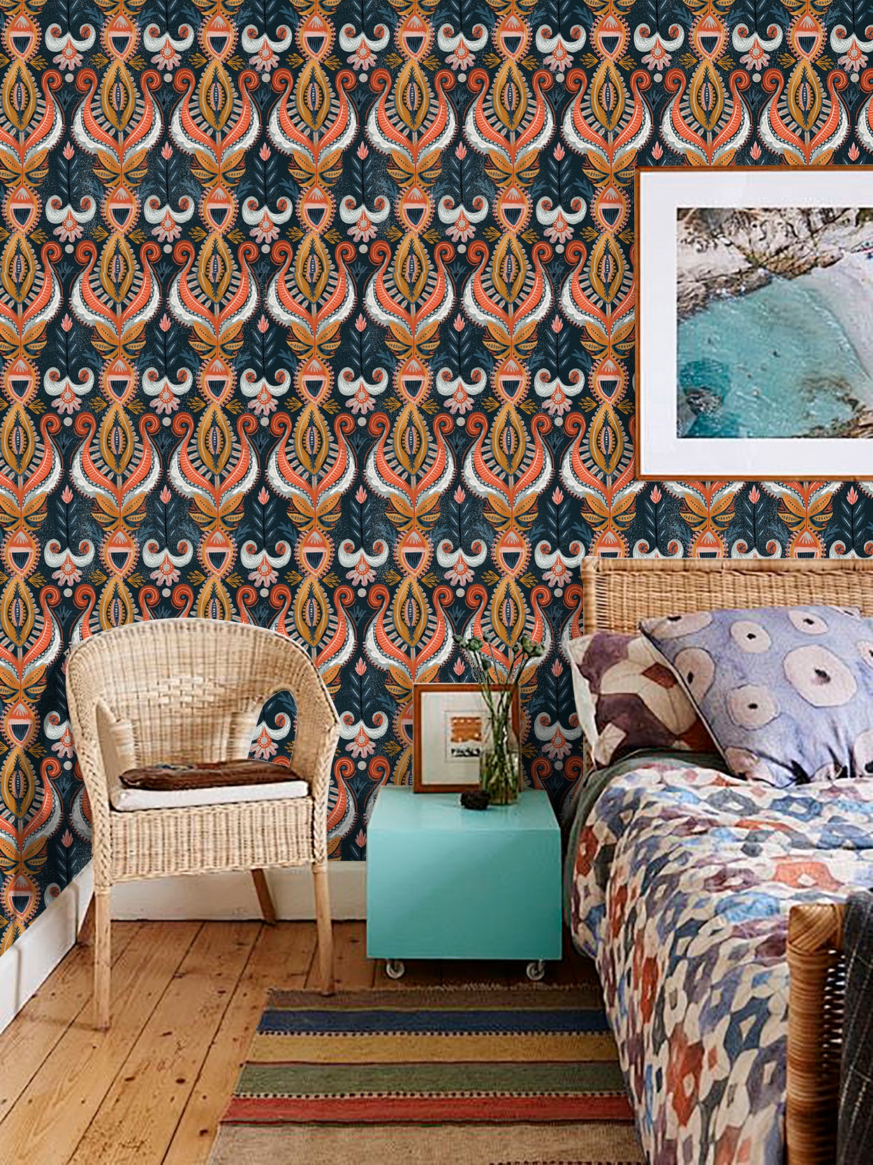 HaokHome Wallpaper Peel and Stick Damask Boho Vintage Orange/Blue/Gold Wall Decor Removable Mural for Bedroom & Living Room