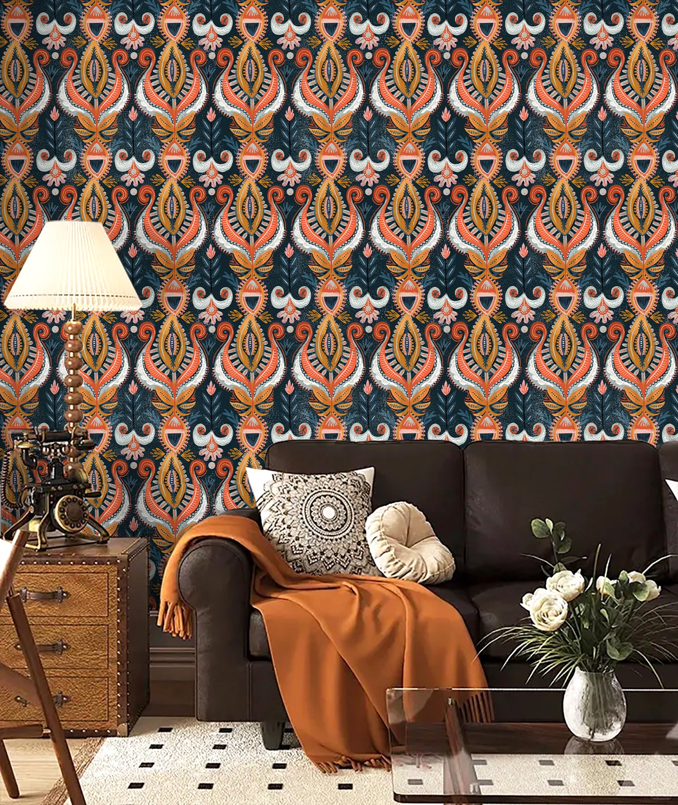 HaokHome Wallpaper Peel and Stick Damask Boho Vintage Orange/Blue/Gold Wall Decor Removable Mural for Bedroom & Living Room