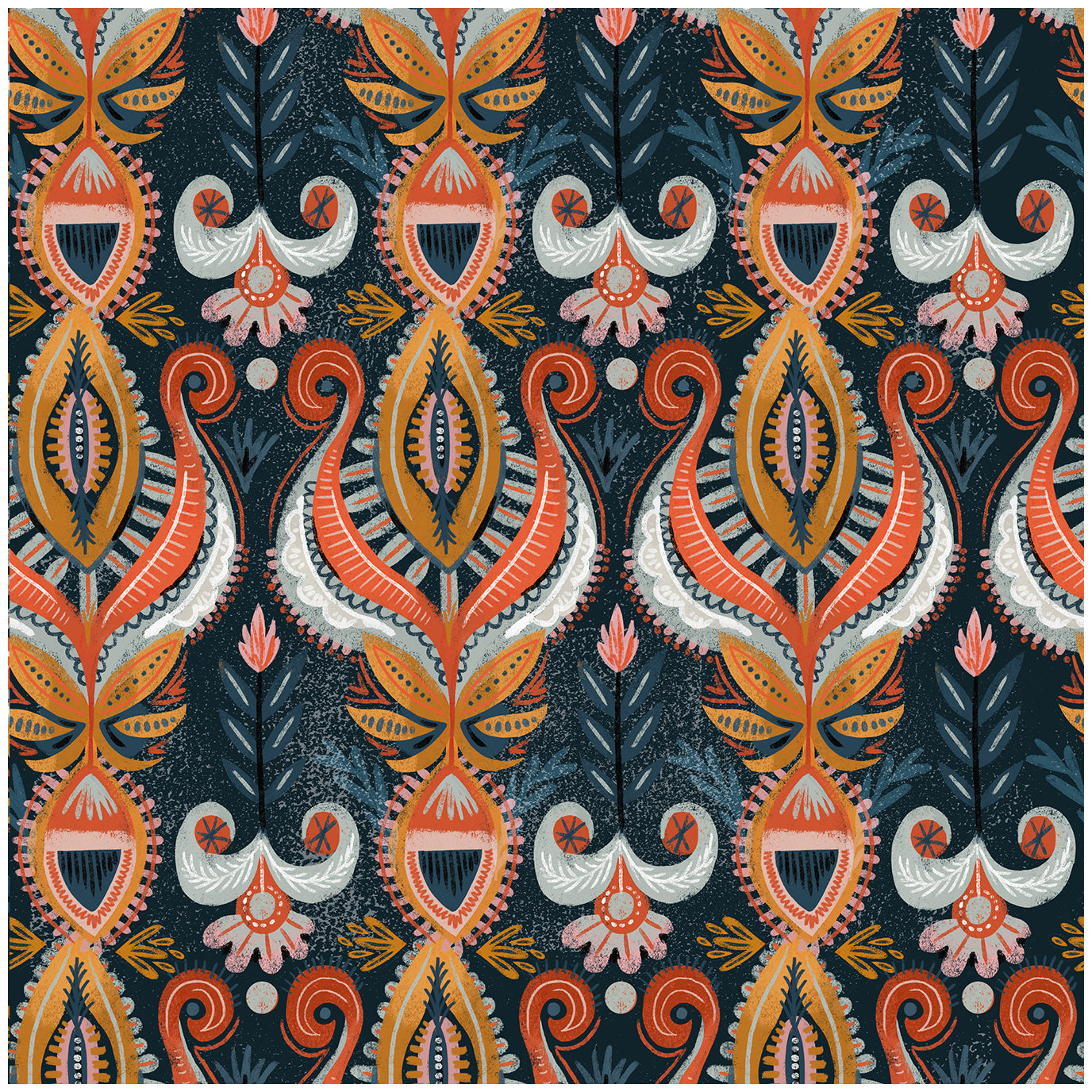 HaokHome Wallpaper Peel and Stick Damask Boho Vintage Orange/Blue/Gold Wall Decor Removable Mural for Bedroom & Living Room