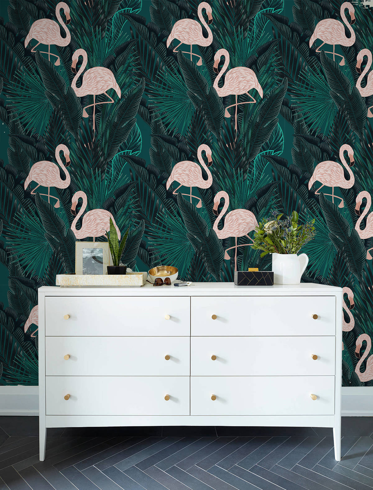 HaokHome Wallpaper Peel and Stick Flamingo Tropical Green/Blush Wall Decor Bedroom Removable Mural