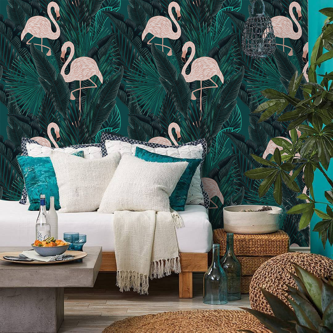 HaokHome Wallpaper Peel and Stick Flamingo Tropical Green/Blush Wall Decor Bedroom Removable Mural