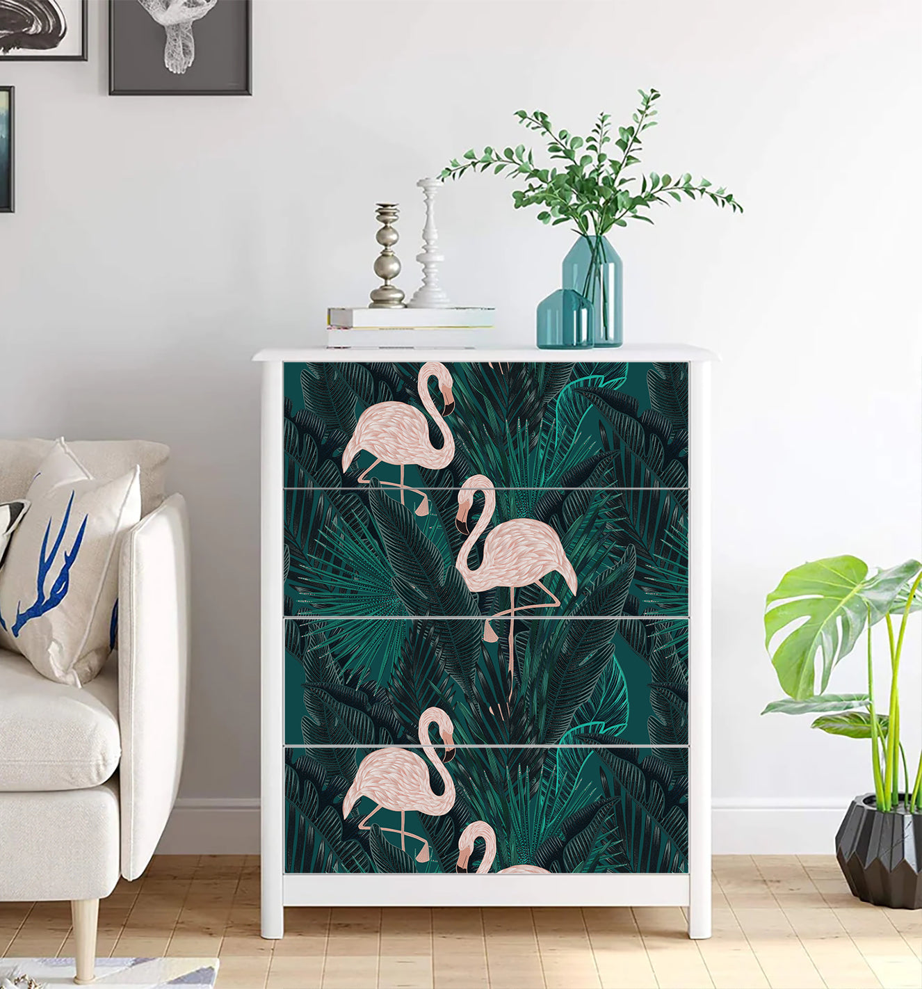 HaokHome Wallpaper Peel and Stick Flamingo Tropical Green/Blush Wall Decor Bedroom Removable Mural