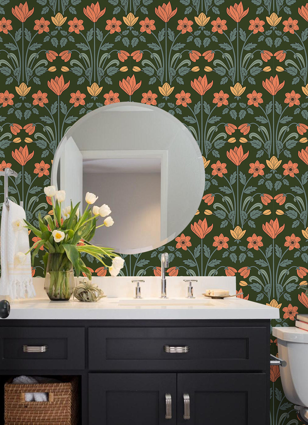 HaokHome Wallpaper Peel and Stick Floral Art Deco Green/Orange/Yellow Retro Wall Decor Removable Mural for Bedroom & Living Room