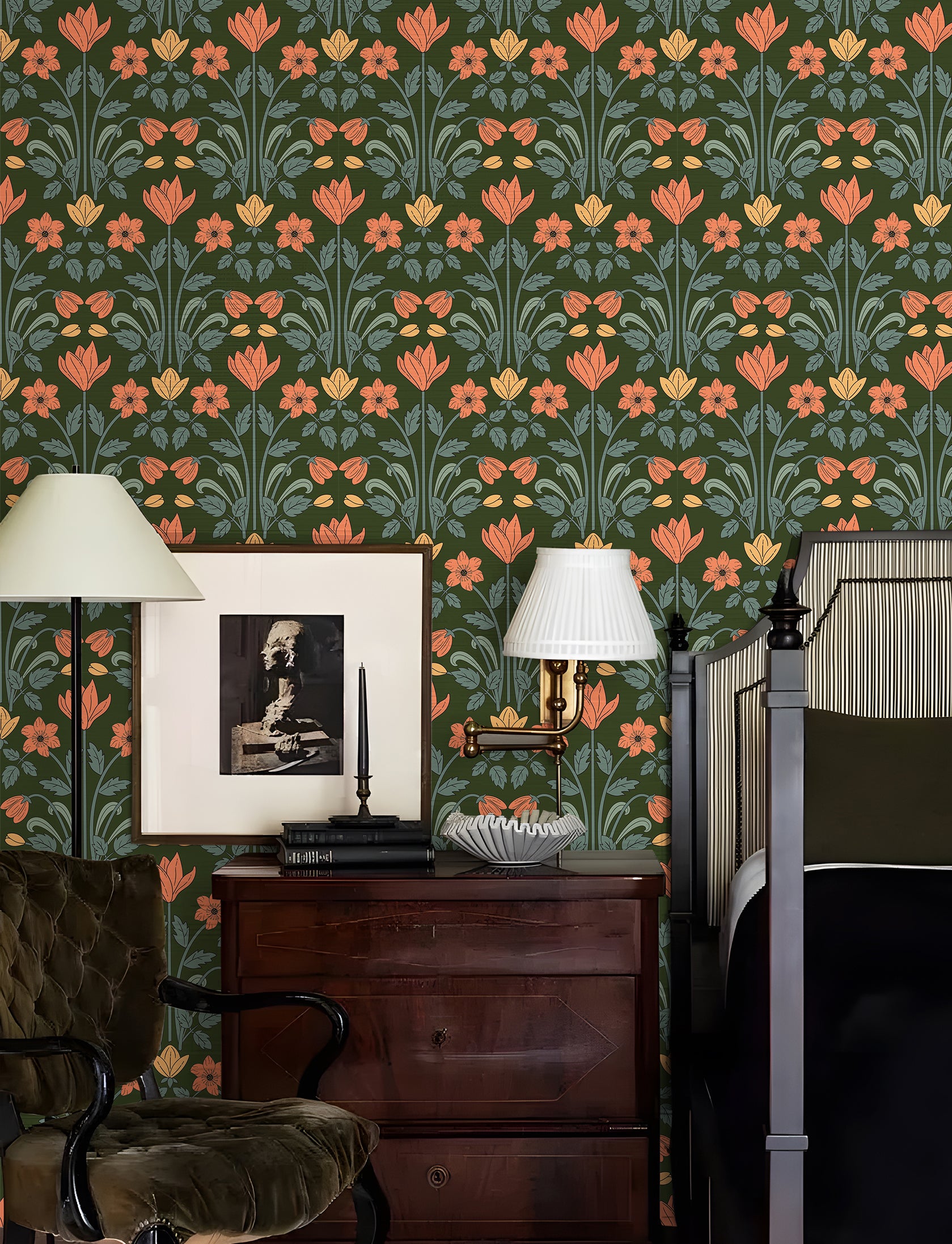 HaokHome Wallpaper Peel and Stick Floral Art Deco Green/Orange/Yellow Retro Wall Decor Removable Mural for Bedroom & Living Room