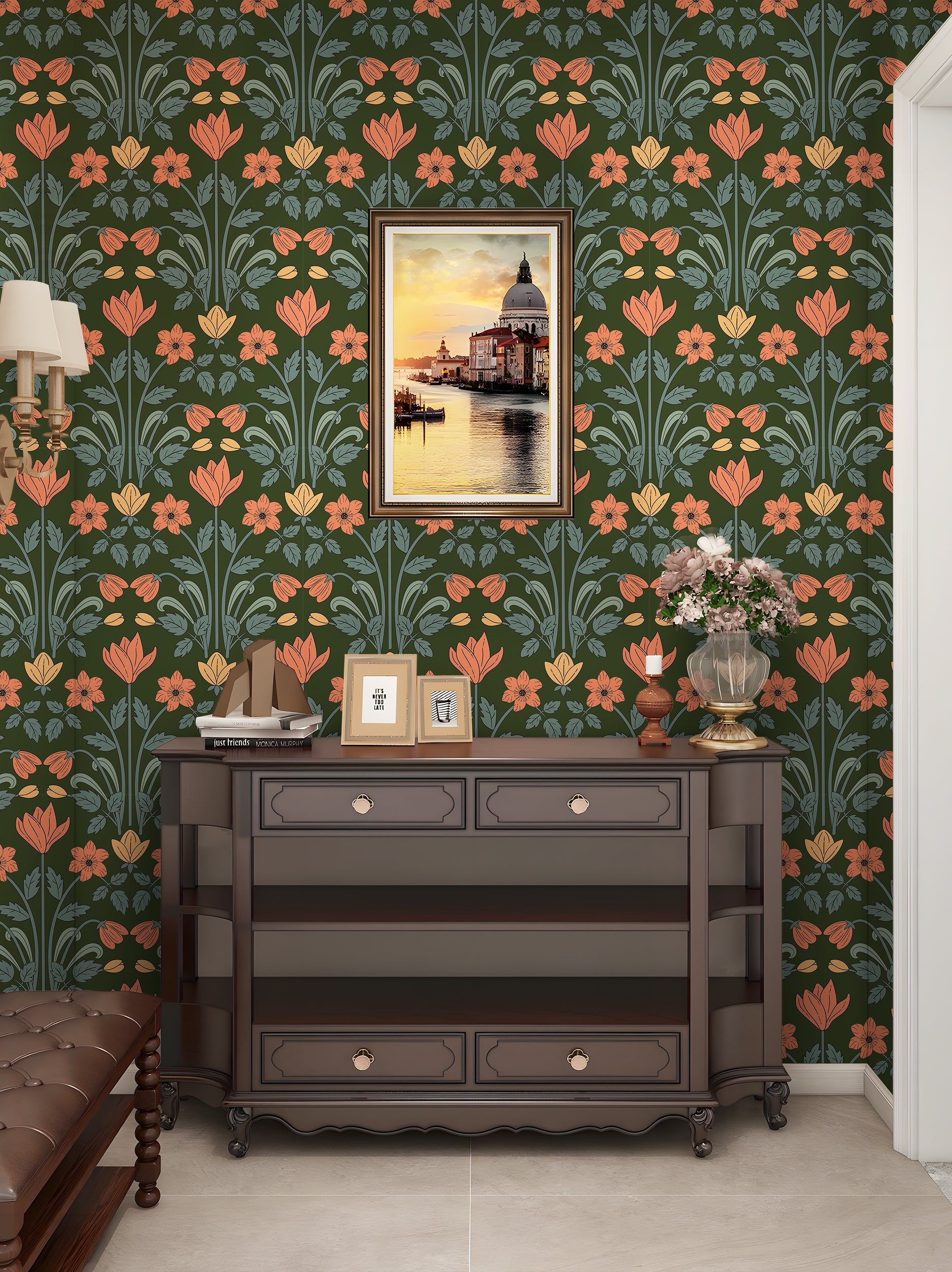 HaokHome Wallpaper Peel and Stick Floral Art Deco Green/Orange/Yellow Retro Wall Decor Removable Mural for Bedroom & Living Room