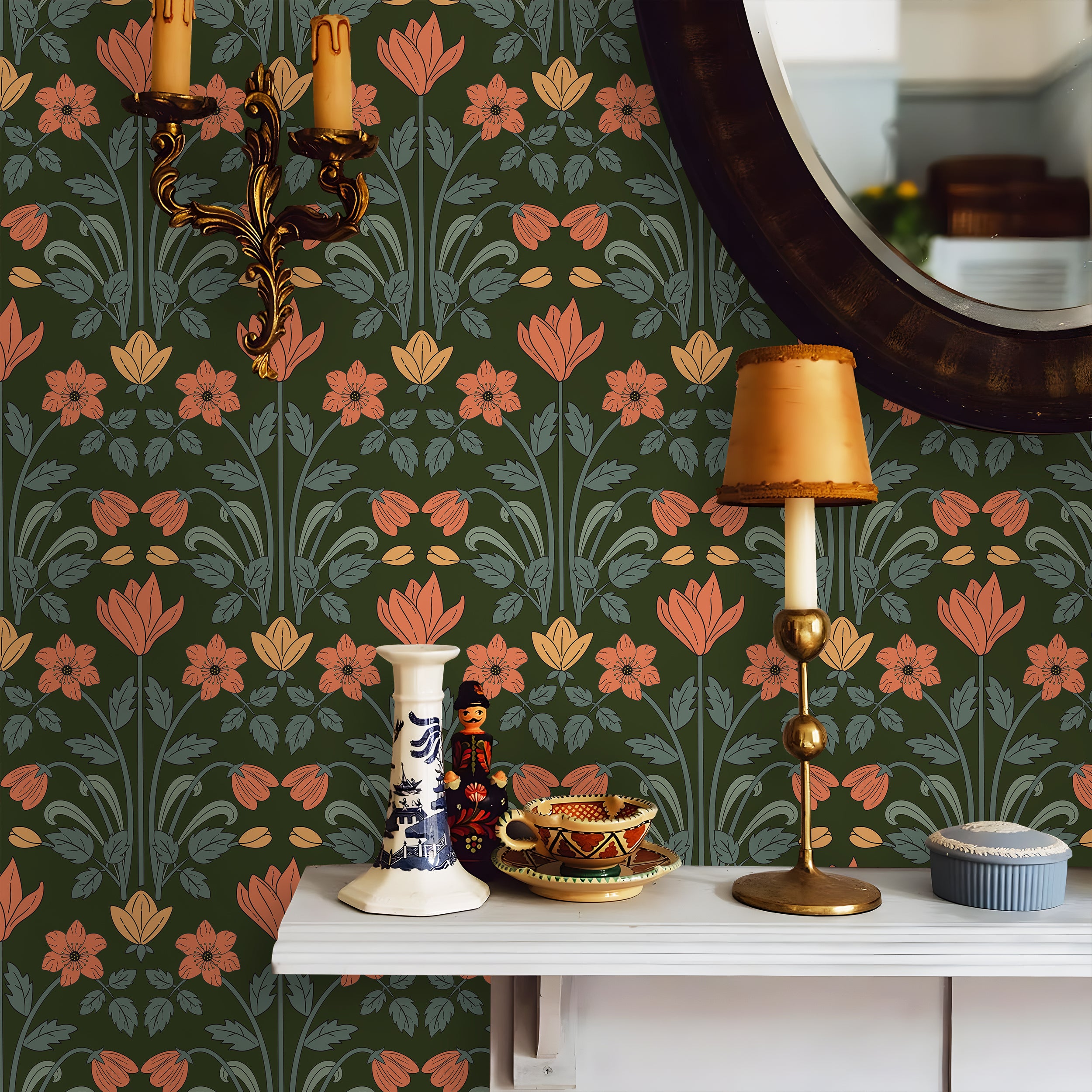 HaokHome Wallpaper Peel and Stick Floral Art Deco Green/Orange/Yellow Retro Wall Decor Removable Mural for Bedroom & Living Room