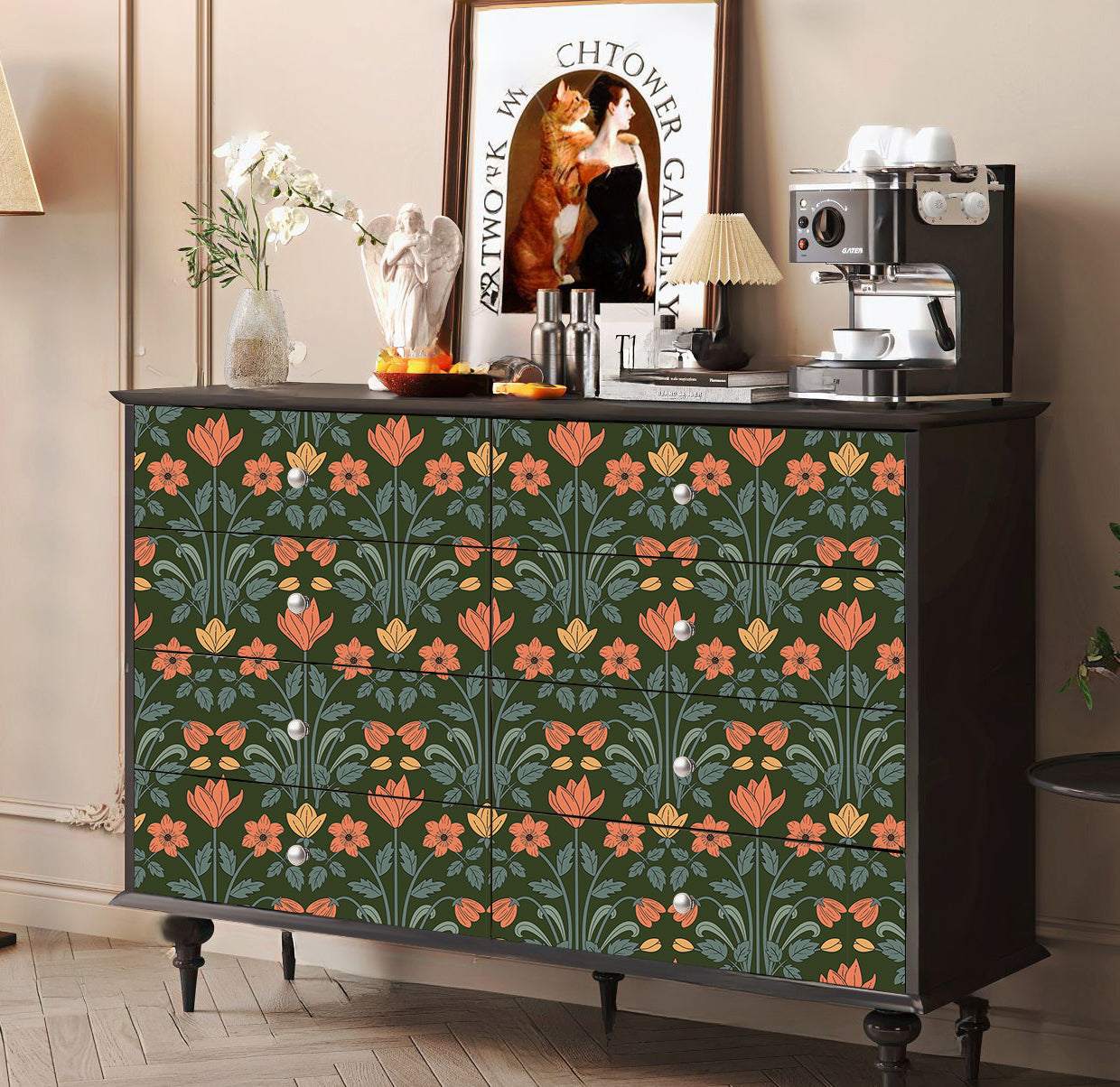 HaokHome Wallpaper Peel and Stick Floral Art Deco Green/Orange/Yellow Retro Wall Decor Removable Mural for Bedroom & Living Room