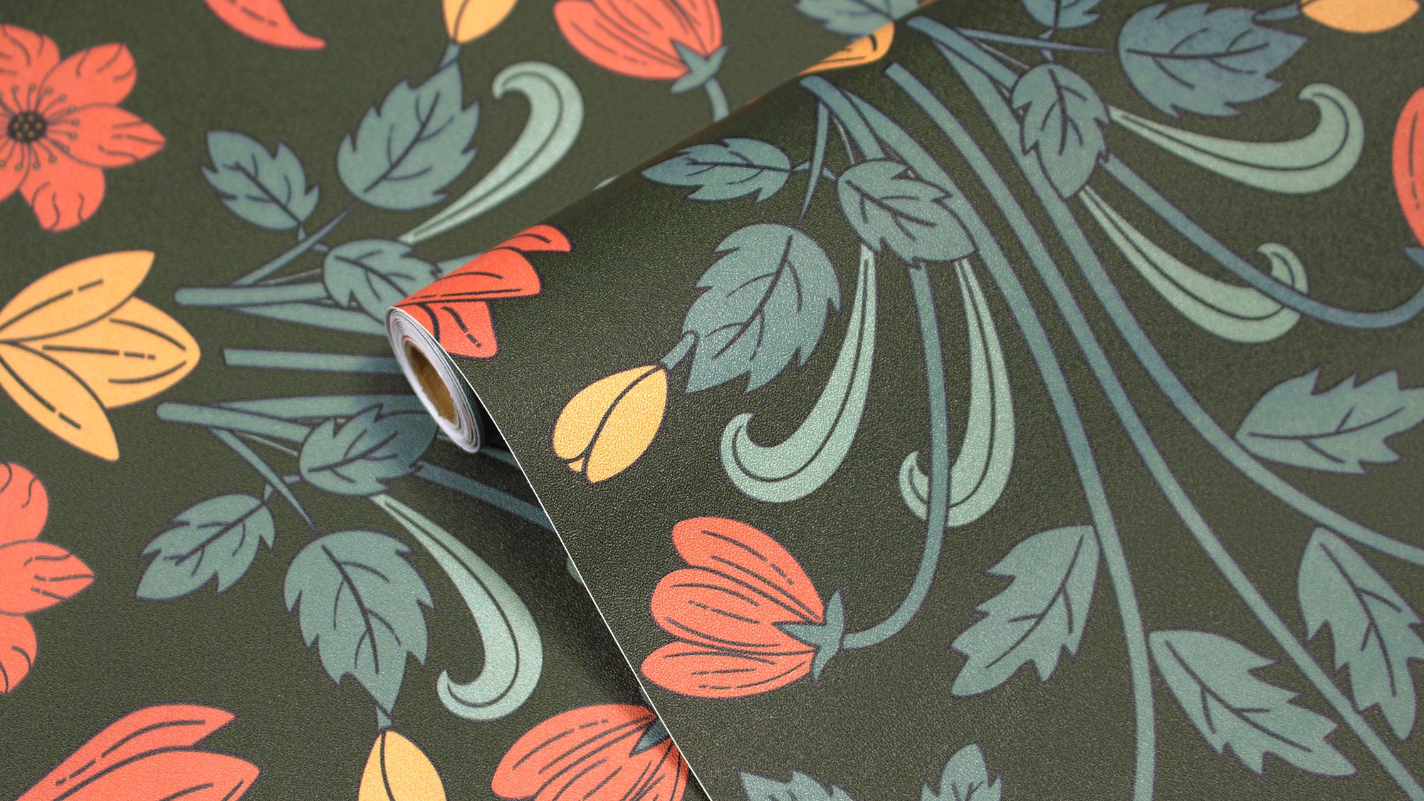 HaokHome Wallpaper Peel and Stick Floral Art Deco Green/Orange/Yellow Retro Wall Decor Removable Mural for Bedroom & Living Room