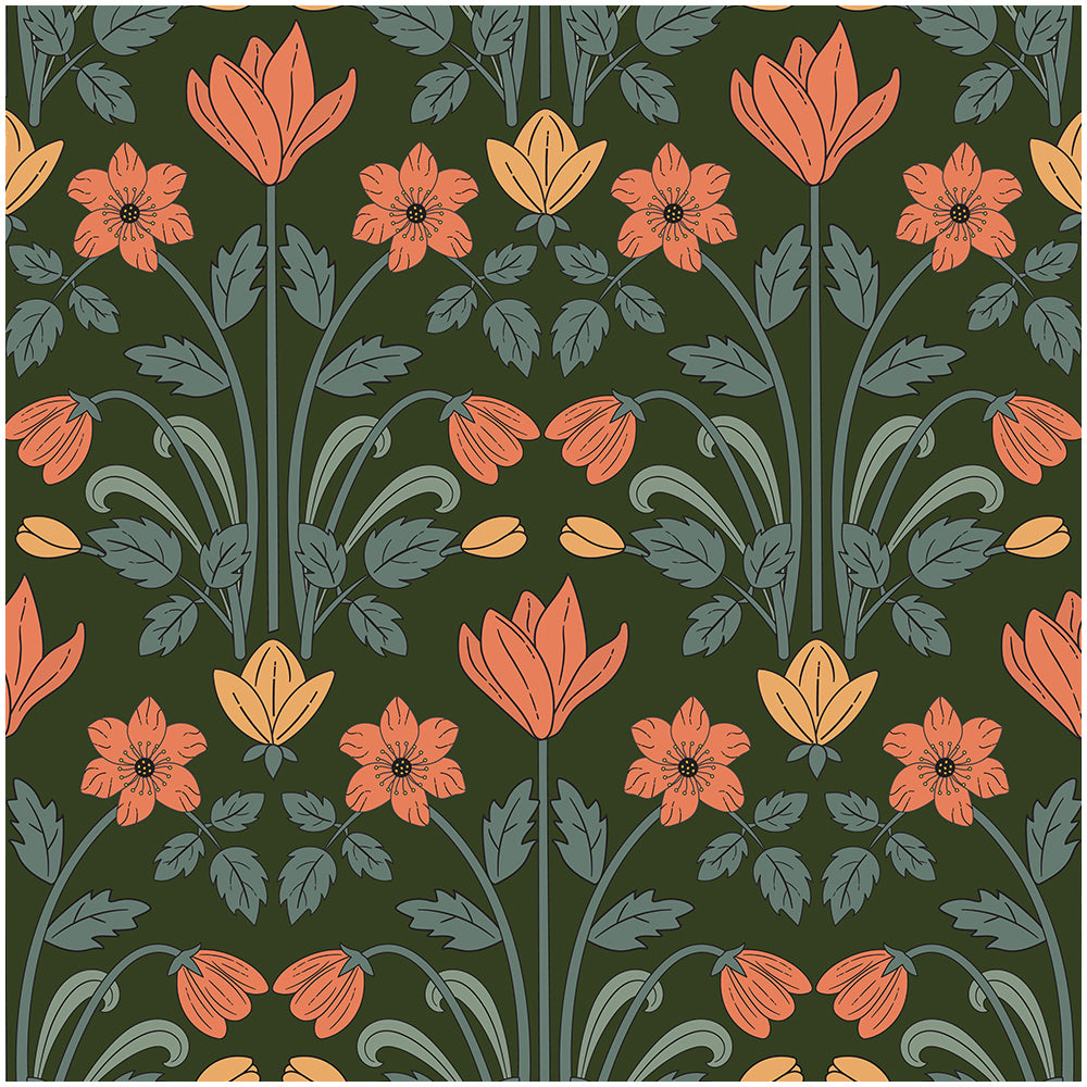 HaokHome Wallpaper Peel and Stick Floral Art Deco Green/Orange/Yellow Retro Wall Decor Removable Mural for Bedroom & Living Room