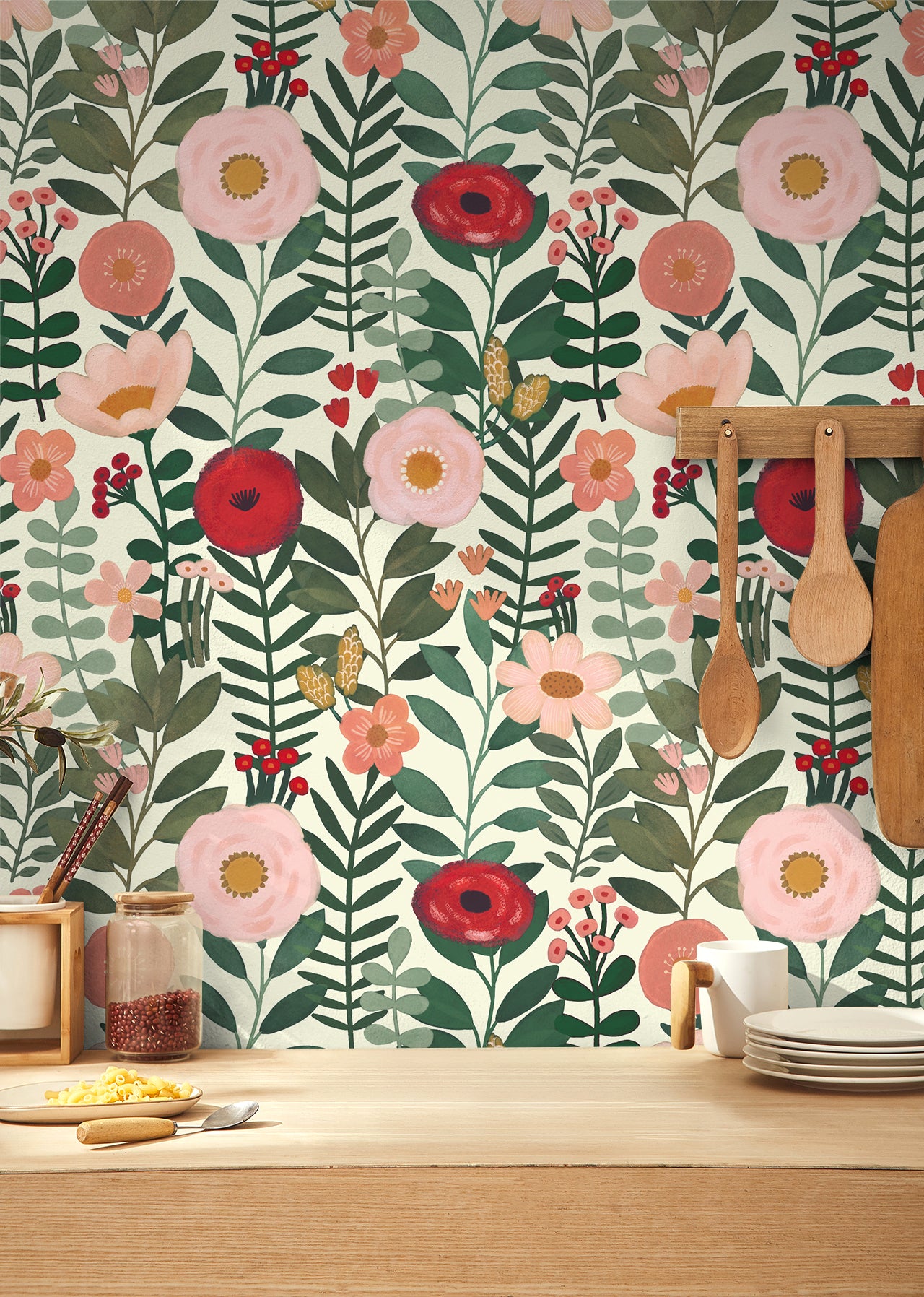 HaokHome Wallpaper Peel and Stick Floral Beige/Pink/Red Botanical Wall Decor Removable Mural