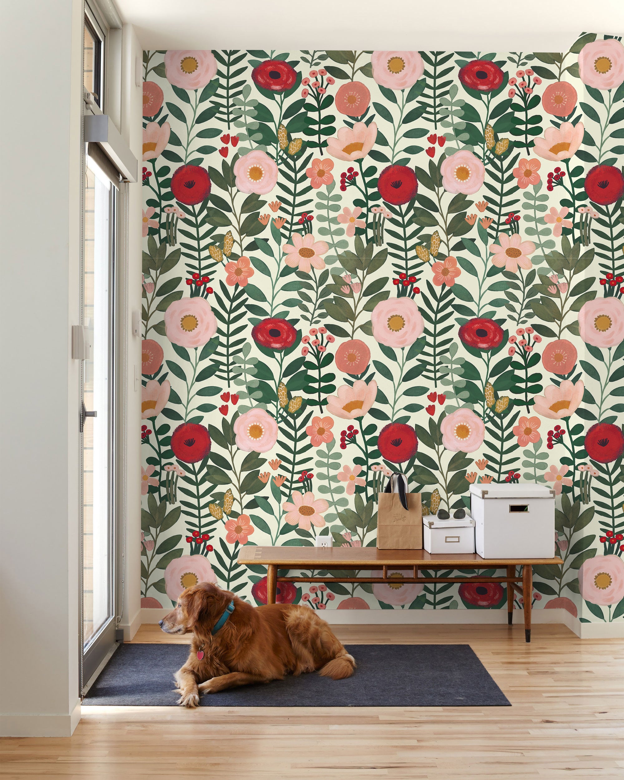 HaokHome Wallpaper Peel and Stick Floral Beige/Pink/Red Botanical Wall Decor Removable Mural