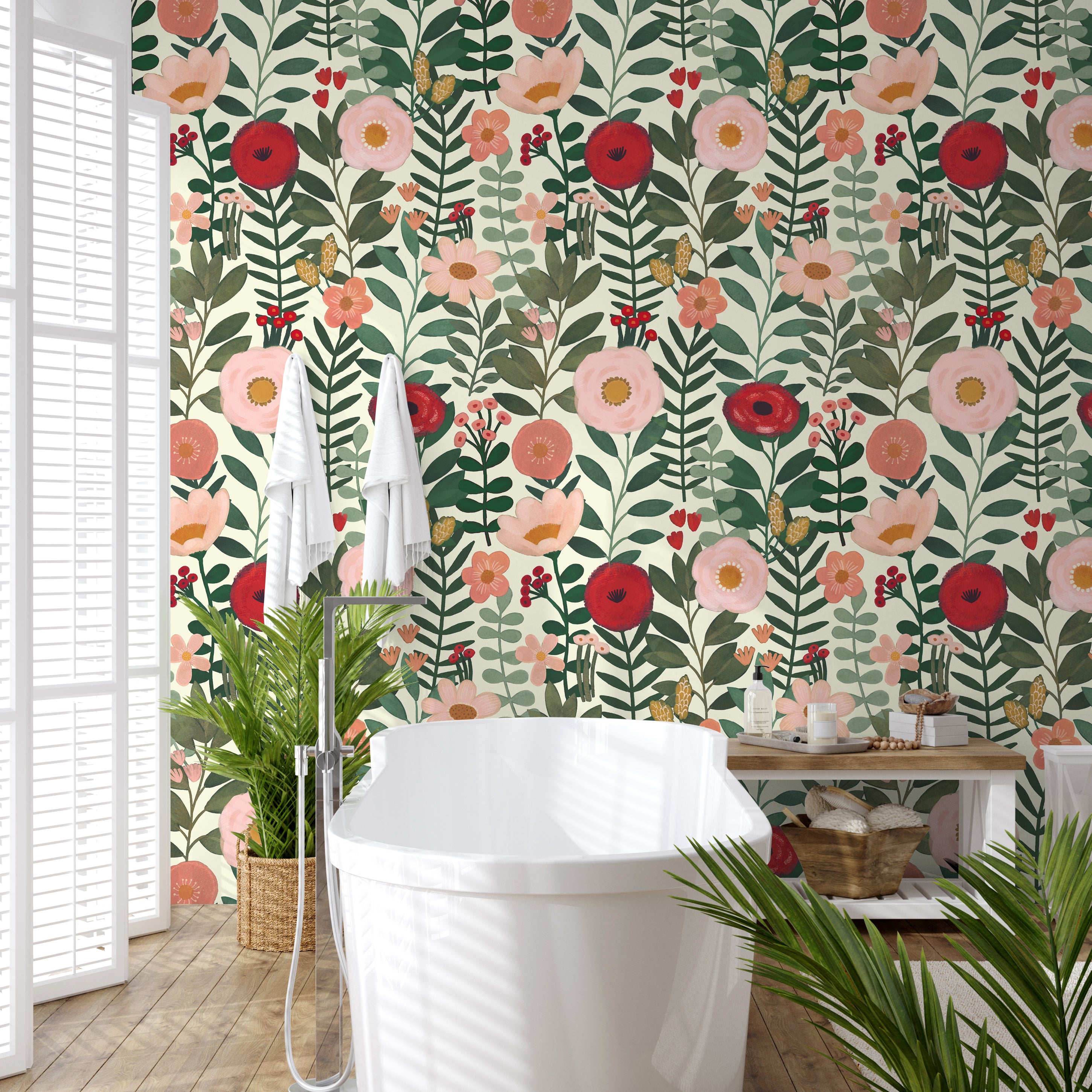 HaokHome Wallpaper Peel and Stick Floral Beige/Pink/Red Botanical Wall Decor Removable Mural