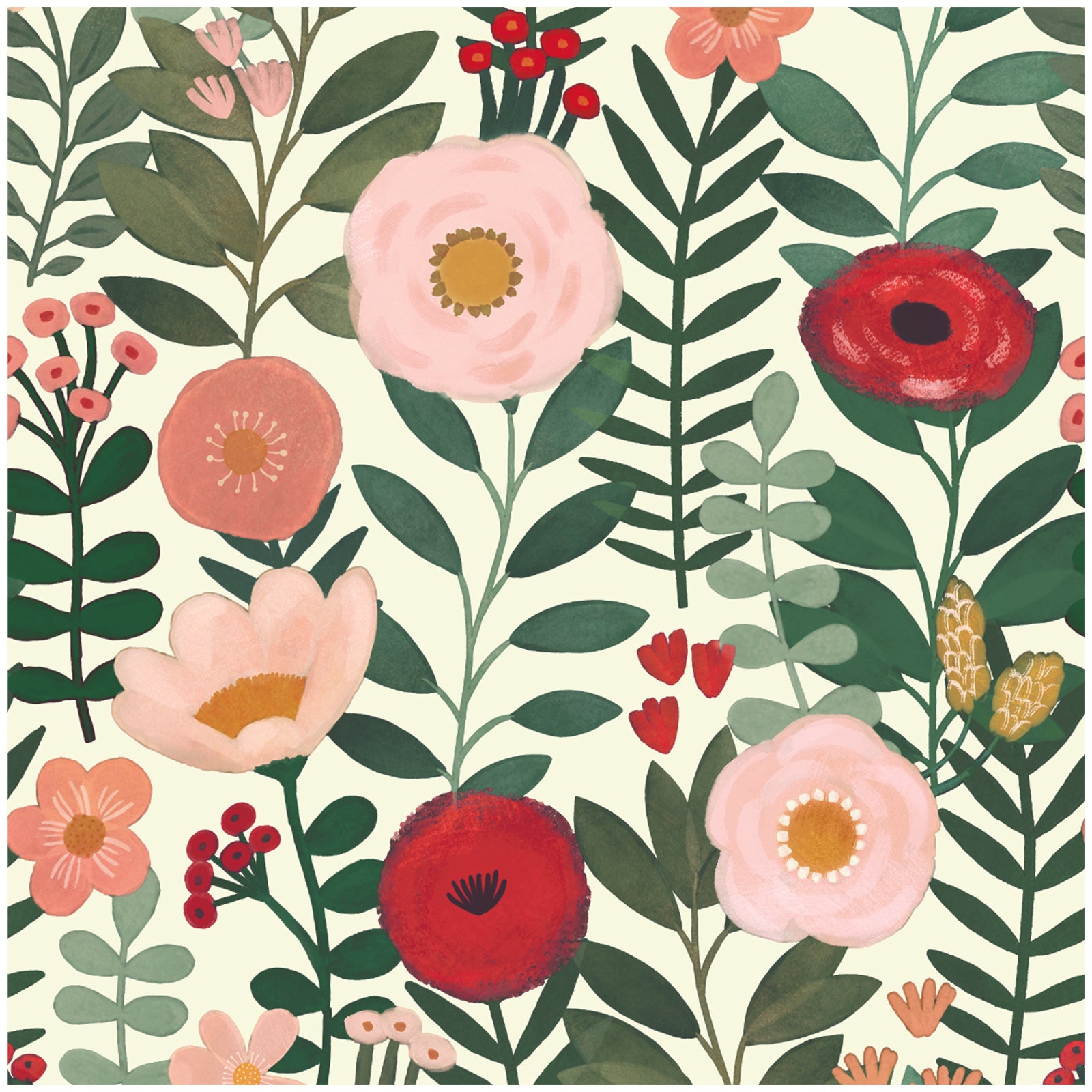 HaokHome Wallpaper Peel and Stick Floral Beige/Pink/Red Botanical Wall Decor Removable Mural