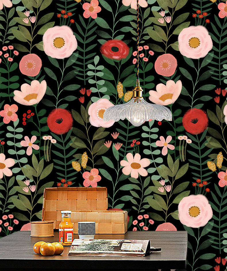 HaokHome Wallpaper Peel and Stick Floral Black/Pink/Red Botanical Wall Decor Removable Mural