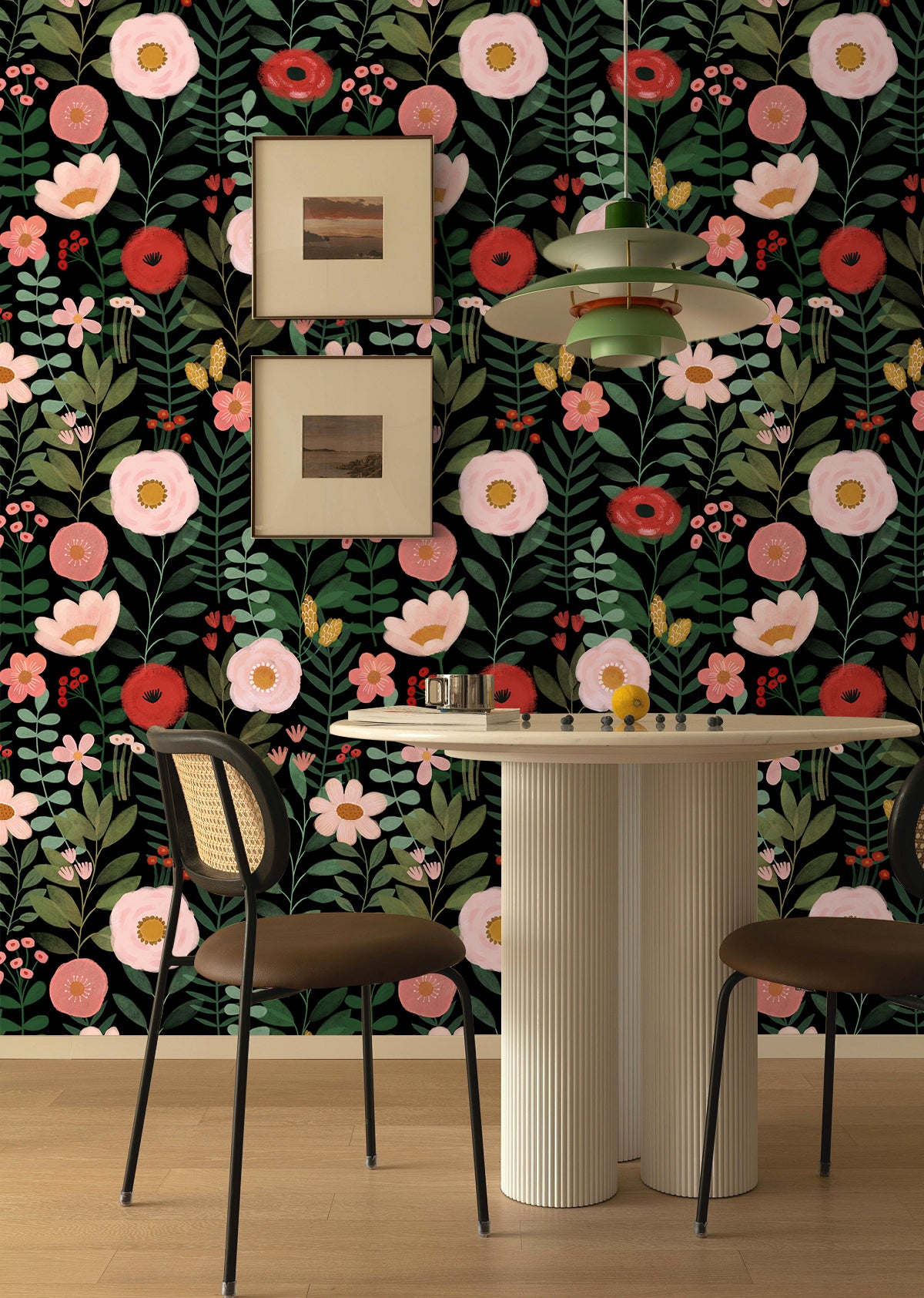 HaokHome Wallpaper Peel and Stick Floral Black/Pink/Red Botanical Wall Decor Removable Mural