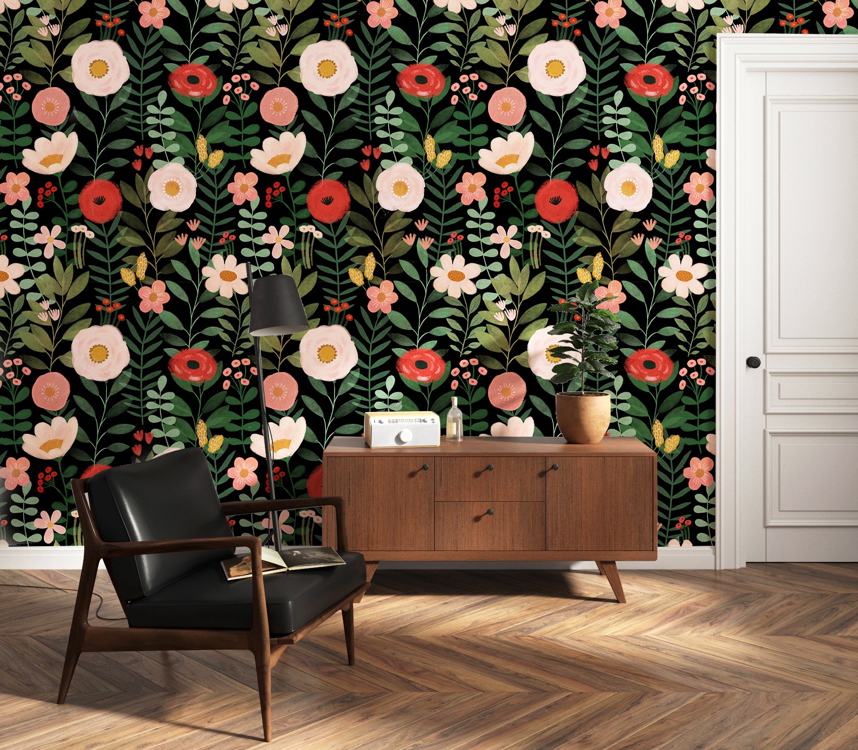 HaokHome Wallpaper Peel and Stick Floral Black/Pink/Red Botanical Wall Decor Removable Mural