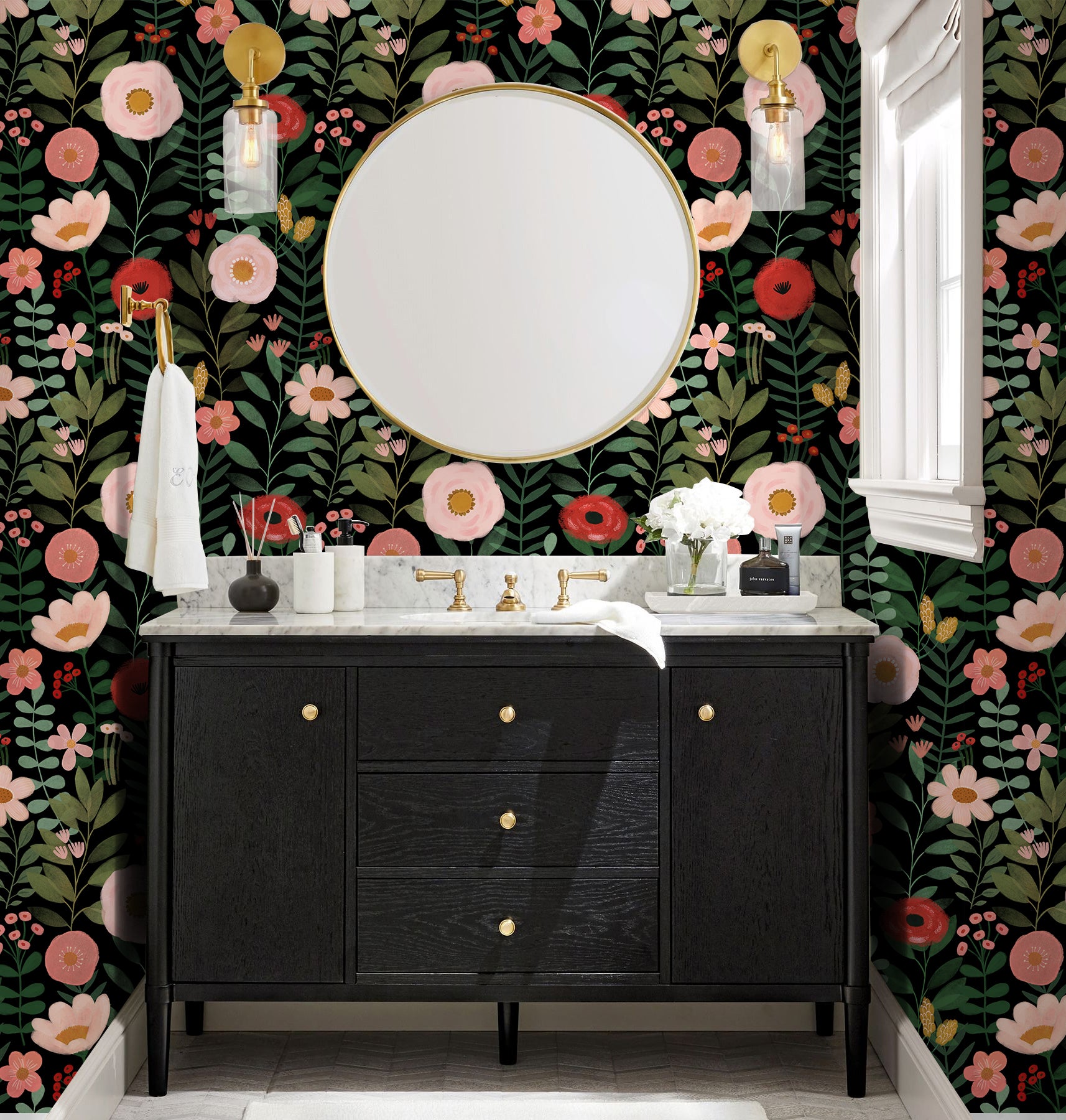 HaokHome Wallpaper Peel and Stick Floral Black/Pink/Red Botanical Wall Decor Removable Mural