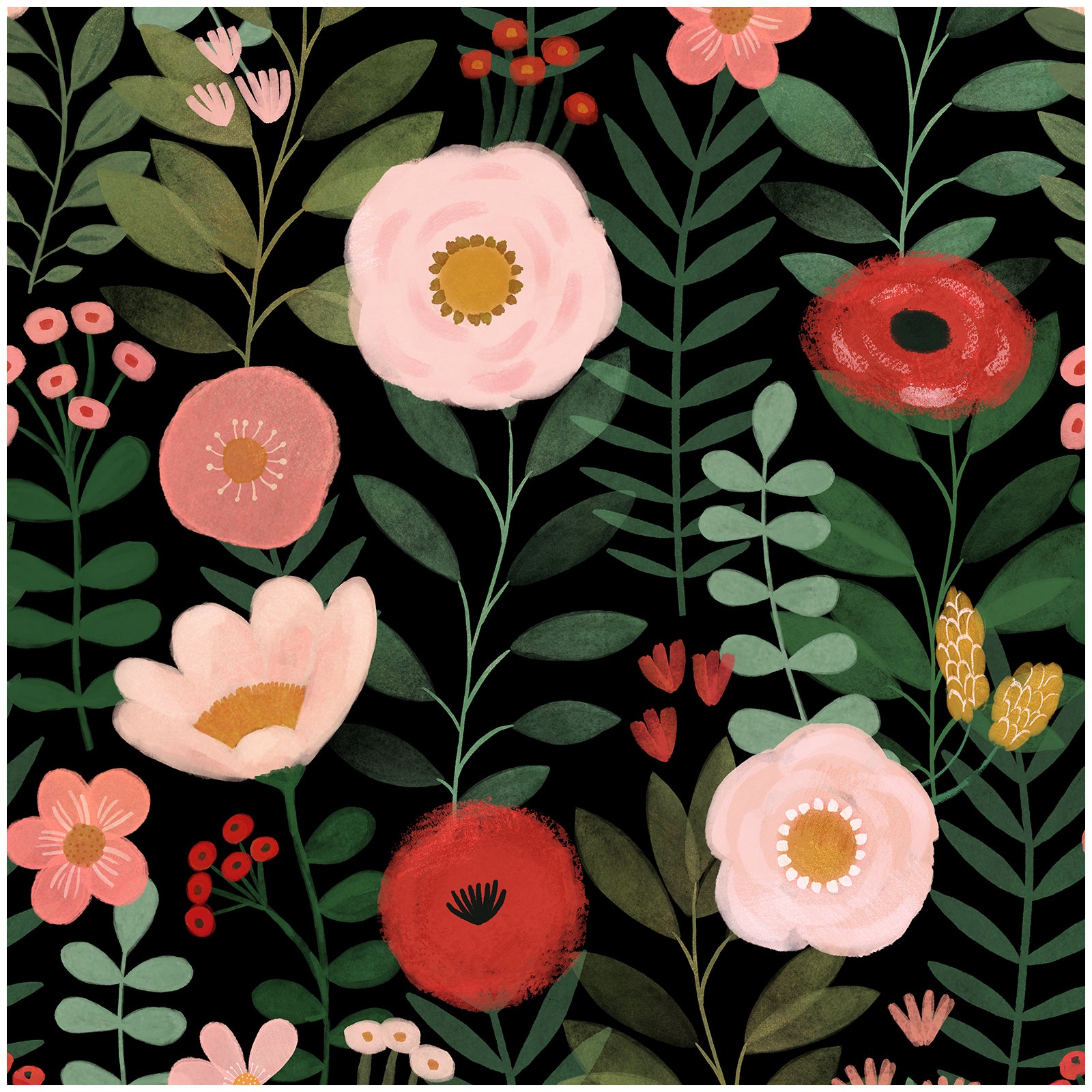 HaokHome Wallpaper Peel and Stick Floral Black/Pink/Red Botanical Wall Decor Removable Mural