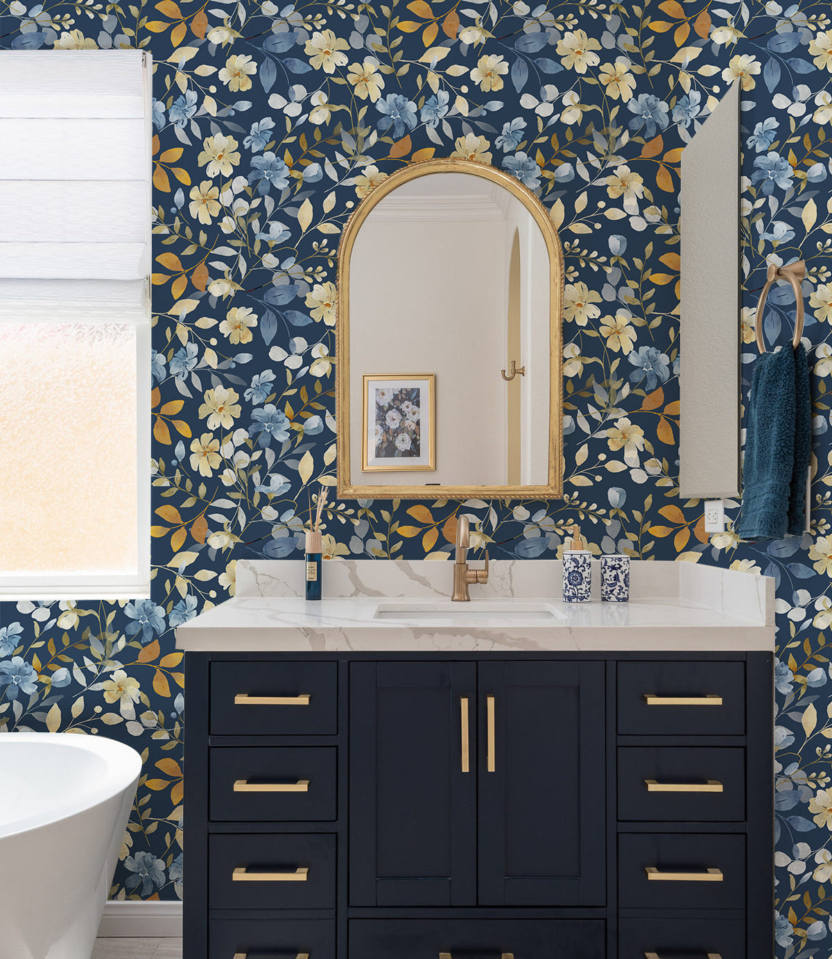 HaokHome Wallpaper Peel and Stick Floral Blue/Yellow/Green Watercolor Wall Decor Living Room Removable Mural