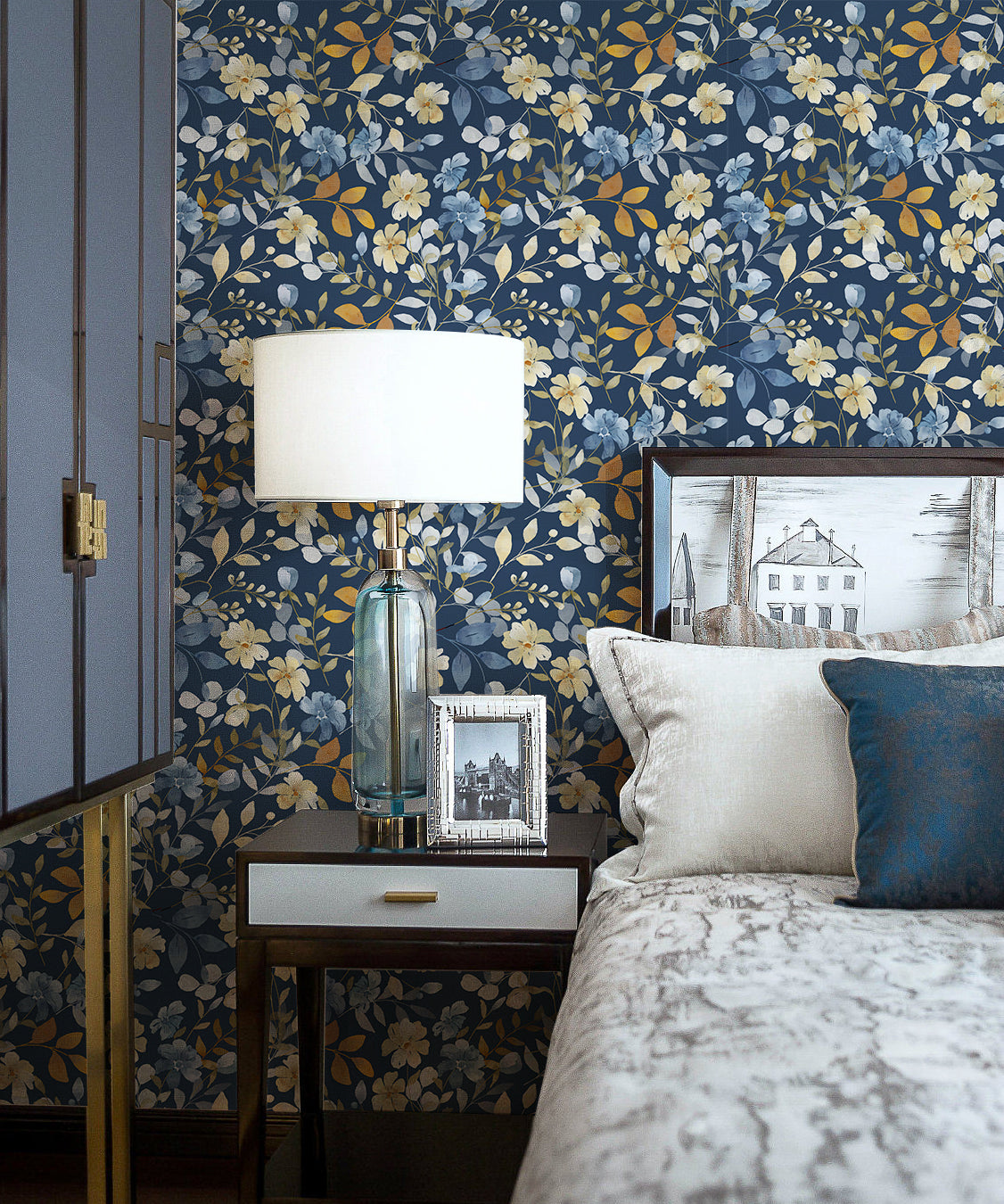 HaokHome Wallpaper Peel and Stick Floral Blue/Yellow/Green Watercolor Wall Decor Living Room Removable Mural