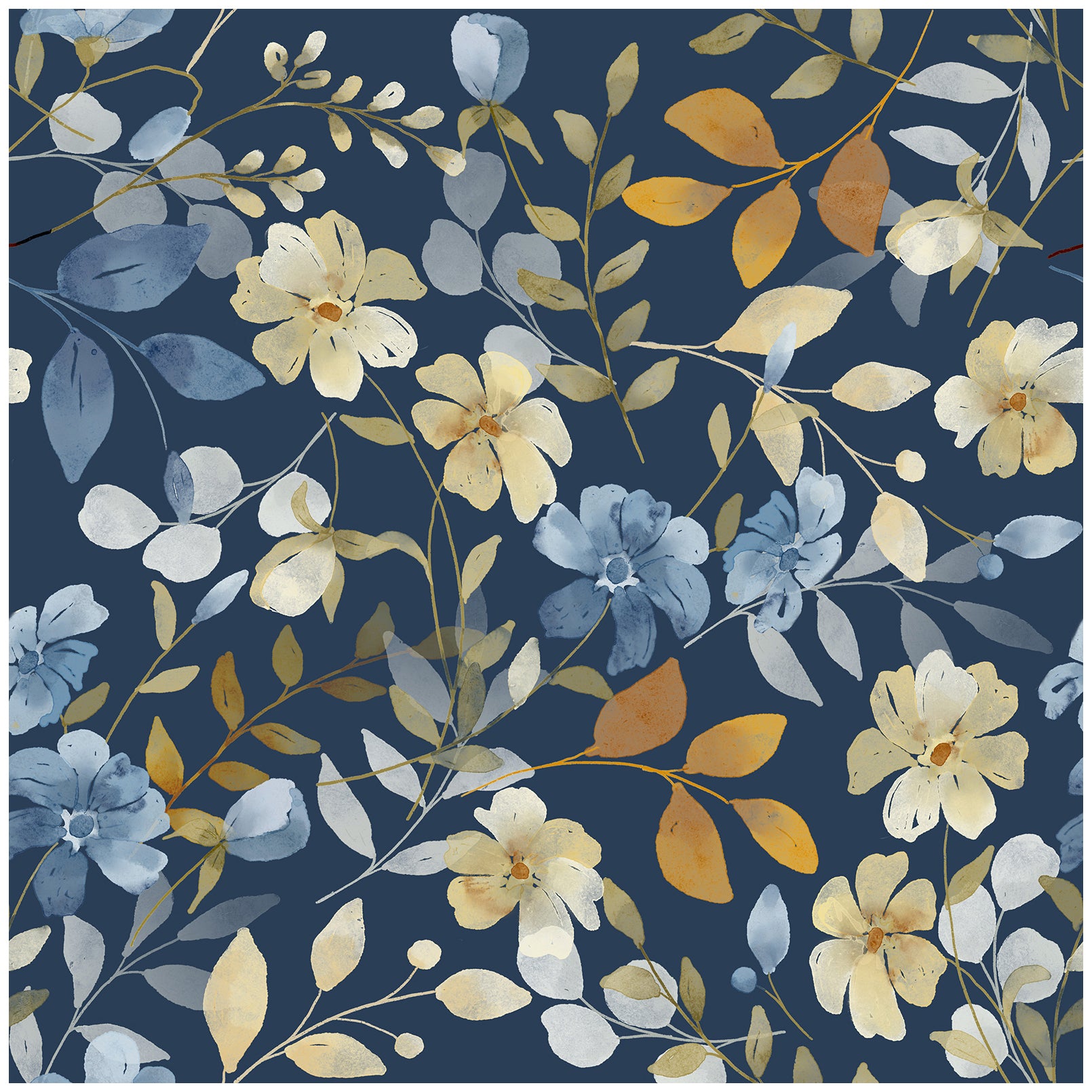 HaokHome Wallpaper Peel and Stick Floral Blue/Yellow/Green Watercolor Wall Decor Living Room Removable Mural