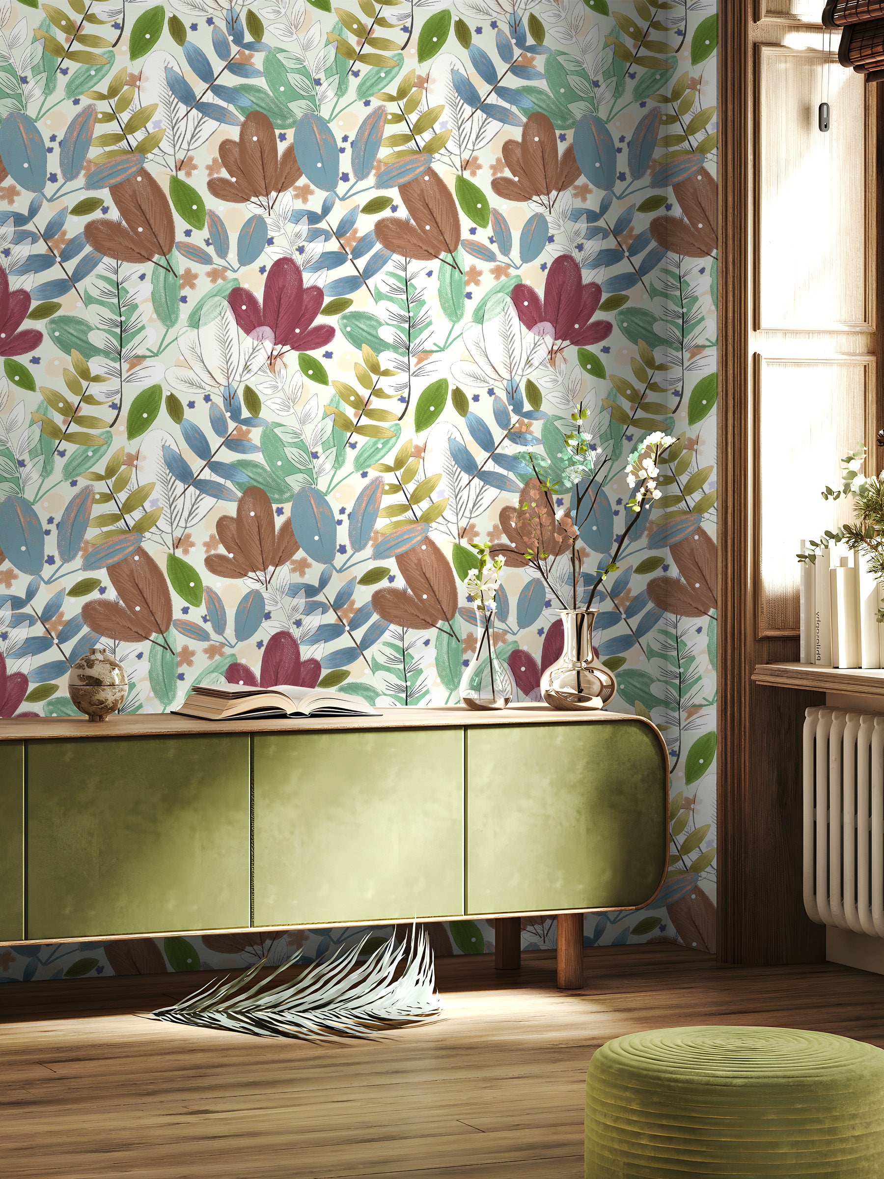 HaokHome Wallpaper Peel and Stick Floral Boho Green/Brown/Blue Retro Wall Decor Living Room Removable Mural