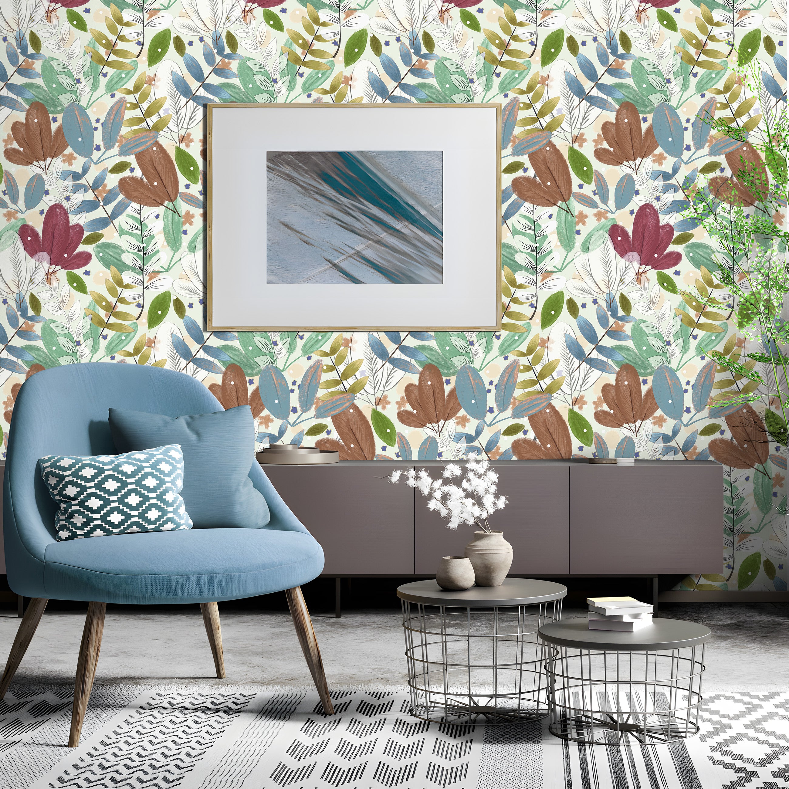 HaokHome Wallpaper Peel and Stick Floral Boho Green/Brown/Blue Retro Wall Decor Living Room Removable Mural