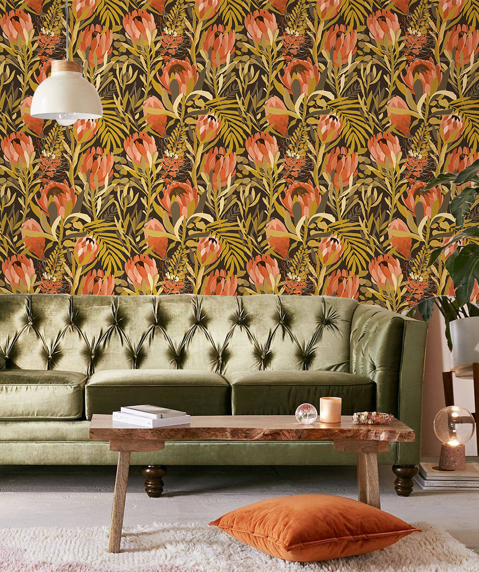 HaokHome Wallpaper Peel and Stick Floral Boho Pink/Green/Red Retro Wall Decor Living Room Removable Mural