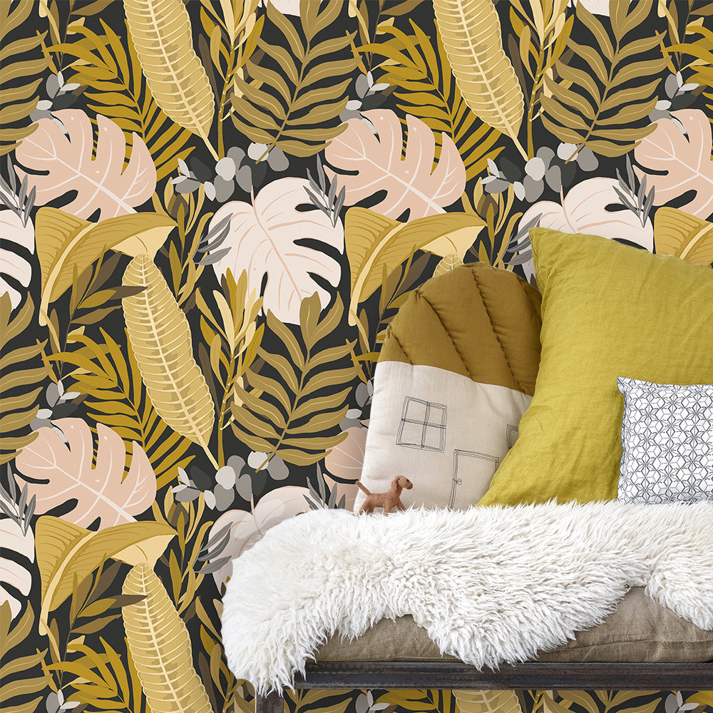 HaokHome Wallpaper Peel and Stick Floral Boho Pink/Yellow/Green Retro Wall Decor Living Room Removable Mural