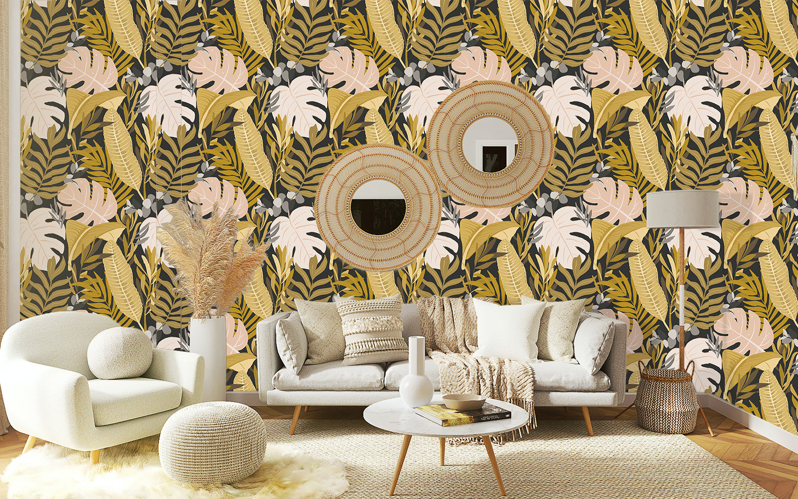 HaokHome Wallpaper Peel and Stick Floral Boho Pink/Yellow/Green Retro Wall Decor Living Room Removable Mural